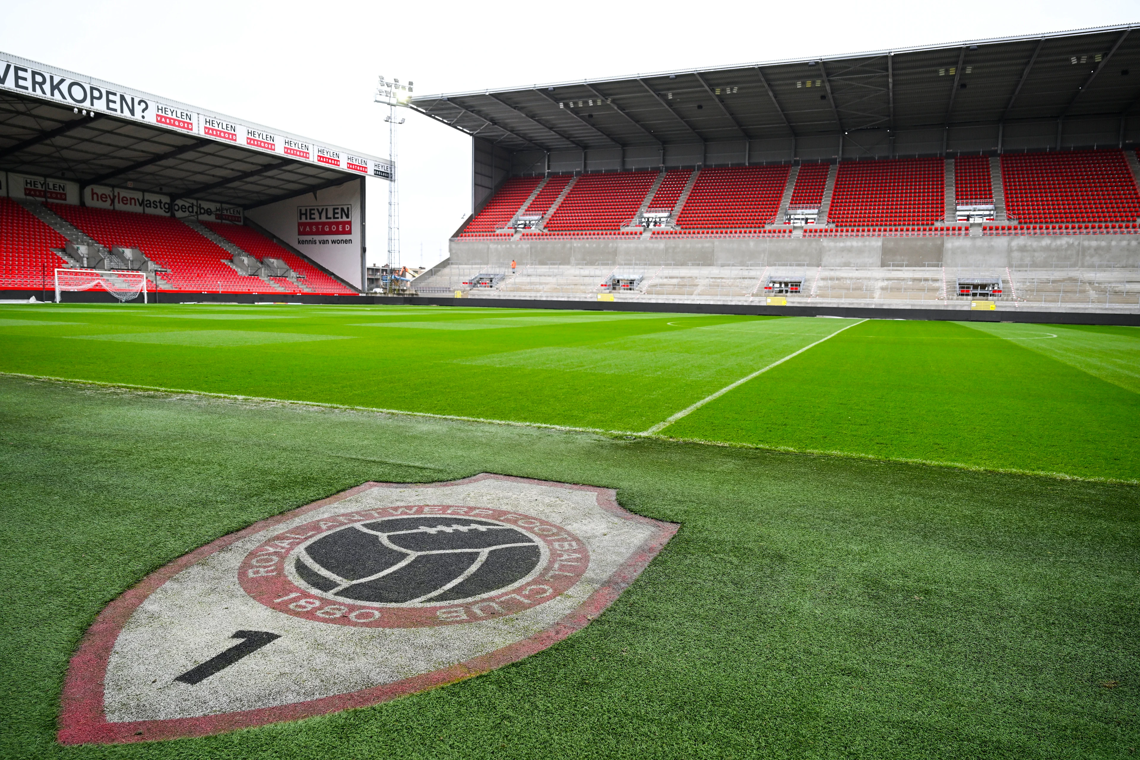 Detail picture of the club crest at a press event to mark the opening of the new Tribune 2 stand at Royal Antwerp FC's Bosuil Stadium, on Sunday 07 December 2025 in Antwerp. The stand is already sold out for the match against KRC Genk. BELGA PHOTO TOM GOYVAERTS