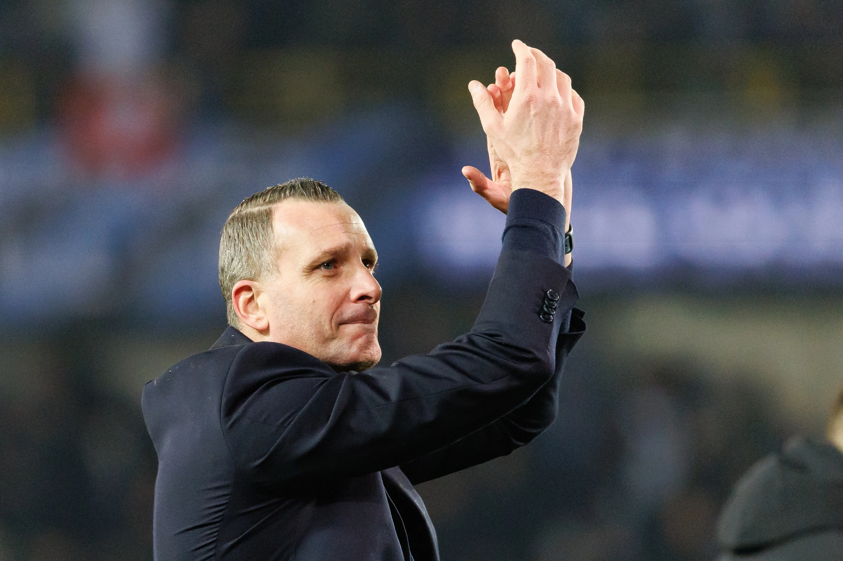 Club's head coach Nicky Hayen celebrates after winning a soccer game between Belgian Club Brugge KV and Portuguese club Sporting CP, Tuesday 10 December 2024 in Brugge, on the sixth day of the UEFA Champions League league phase. BELGA PHOTO KURT DESPLENTER