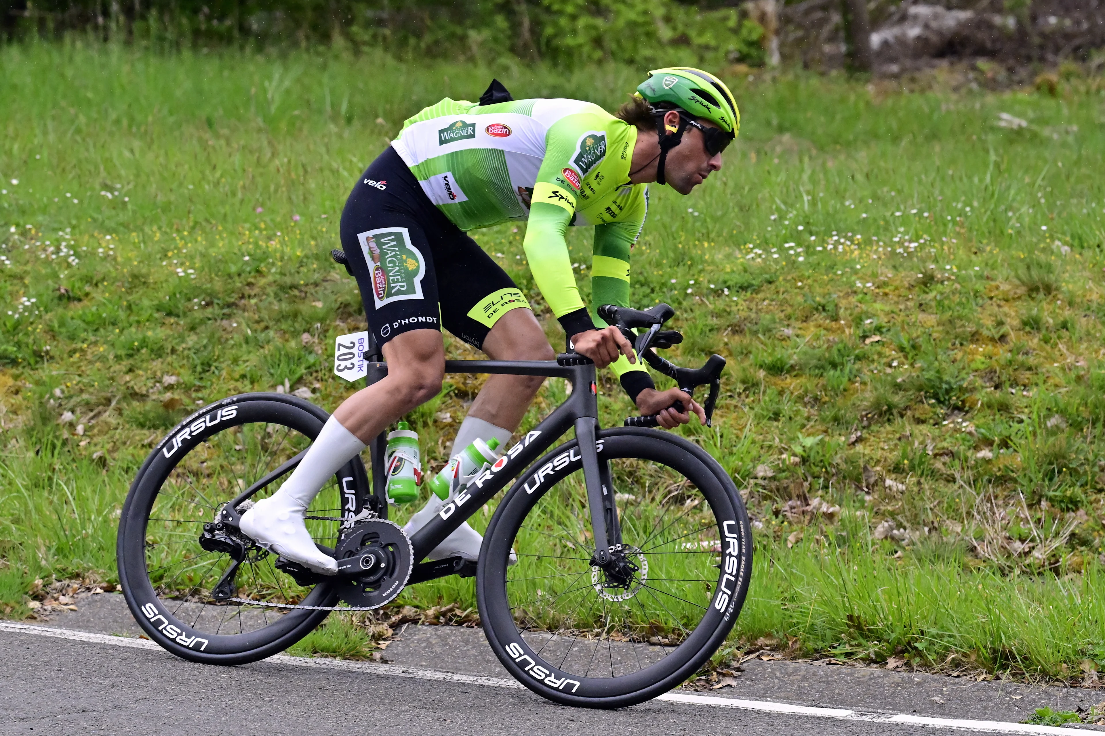 Belgian Ceriel Desal of Wagner Bazin WB the men's race of the 'La Fleche Wallonne', one day cycling race (Waalse Pijl - Walloon Arrow), 205,2 km from Ciney to Huy, Wednesday 23 April 2025. BELGA PHOTO DIRK WAEM
