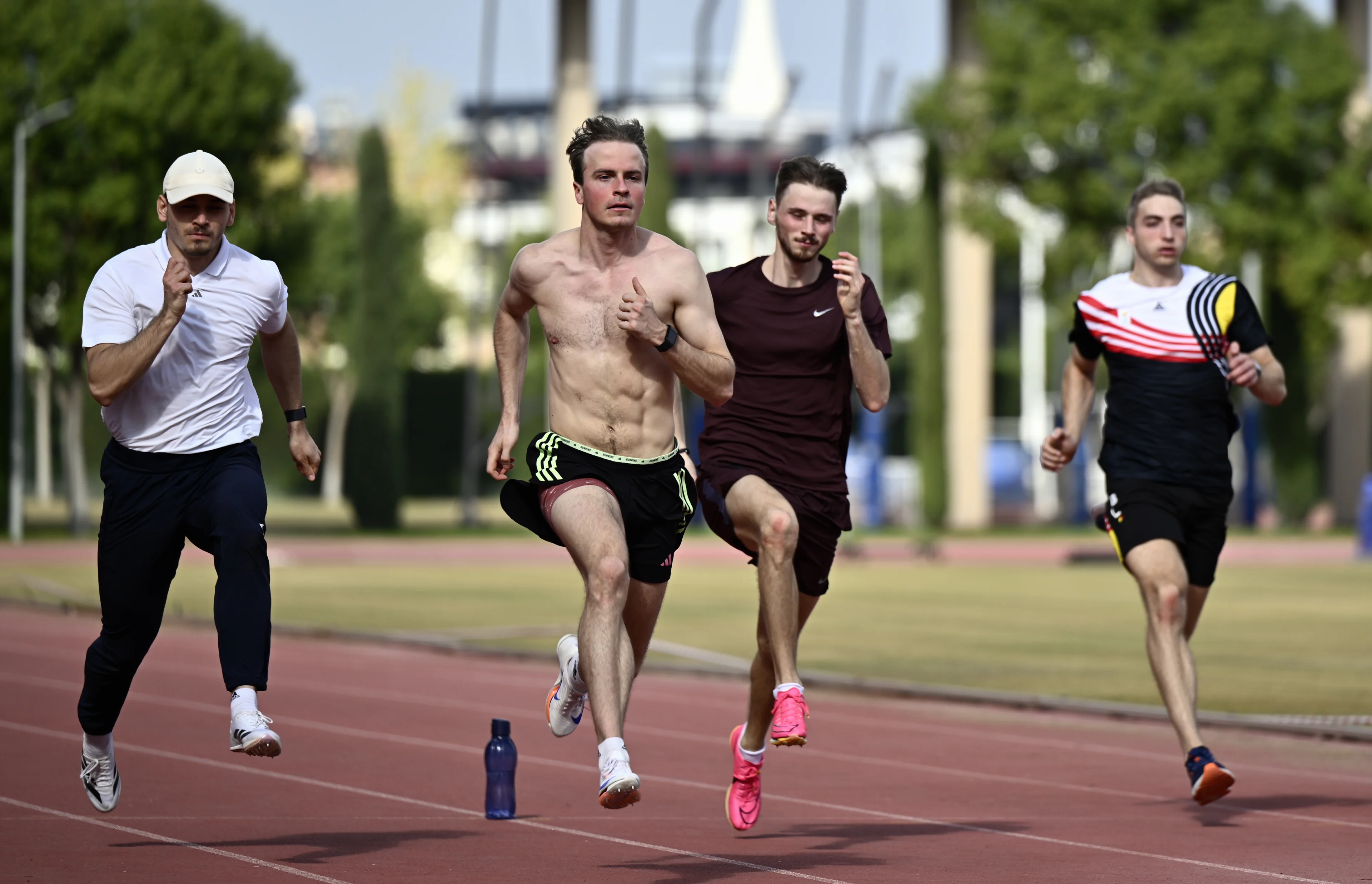 Belgian athlete Kobe Vleminckx , Belgian athlete Simon Verherstraeten , Belgian athlete Valentijn Hoornaert and Belgian Emiel Botterman pictured in action during the annual stage of Team Belgium (13-20/11), in Belek, Turkey, Friday 15 November 2024, BELGA PHOTO ERIC LALMAND