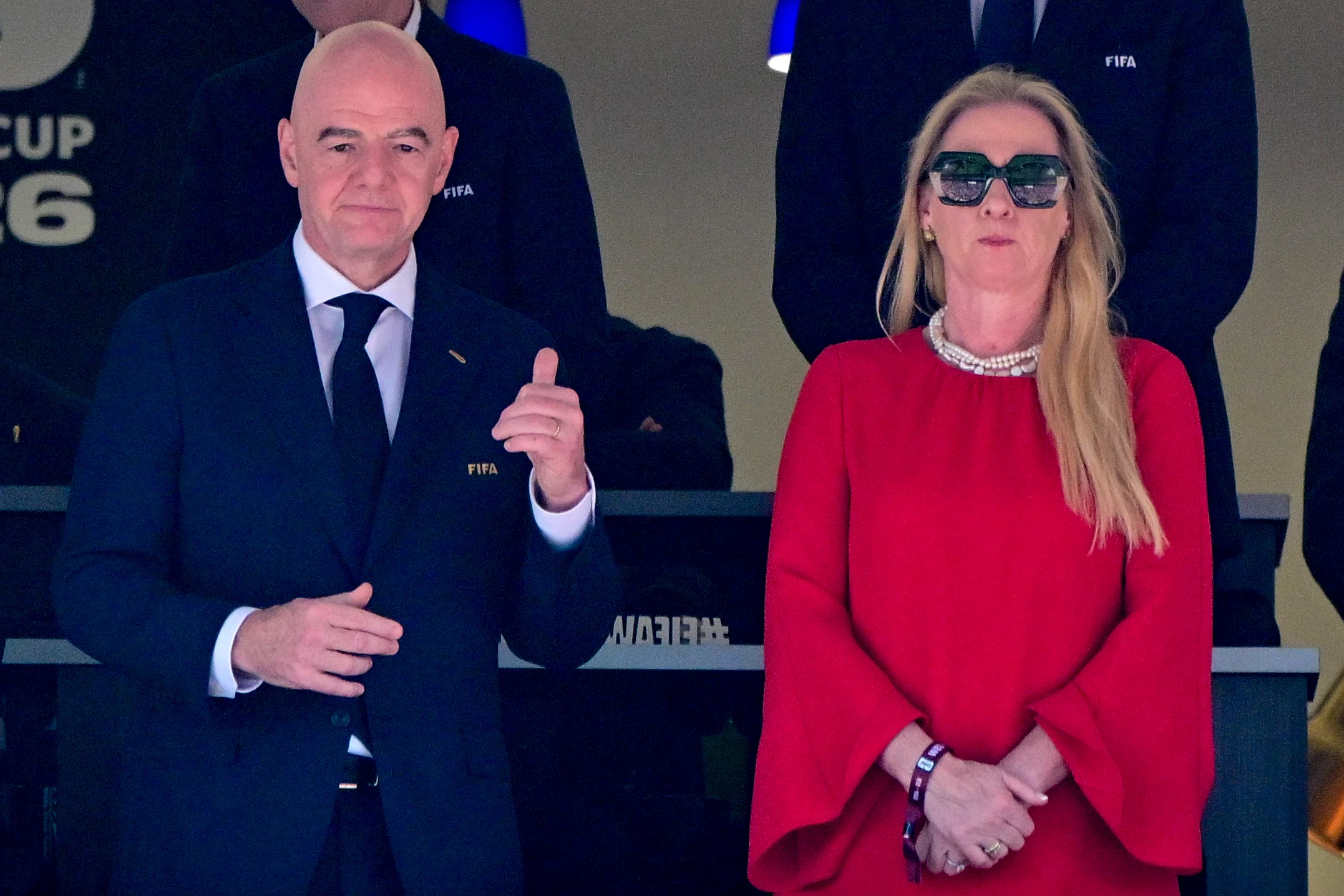 FIFA President Gianni Infantino and RBFA chairwoman Pascale Van Damme pictured during a soccer game between the USA and Belgian national team Red Devils, on Monday 06 July 2026, at the Seattle Field, in Seattle, a 1/8 finals game in the FIFA World Cup 2026. BELGA PHOTO DIRK WAEM