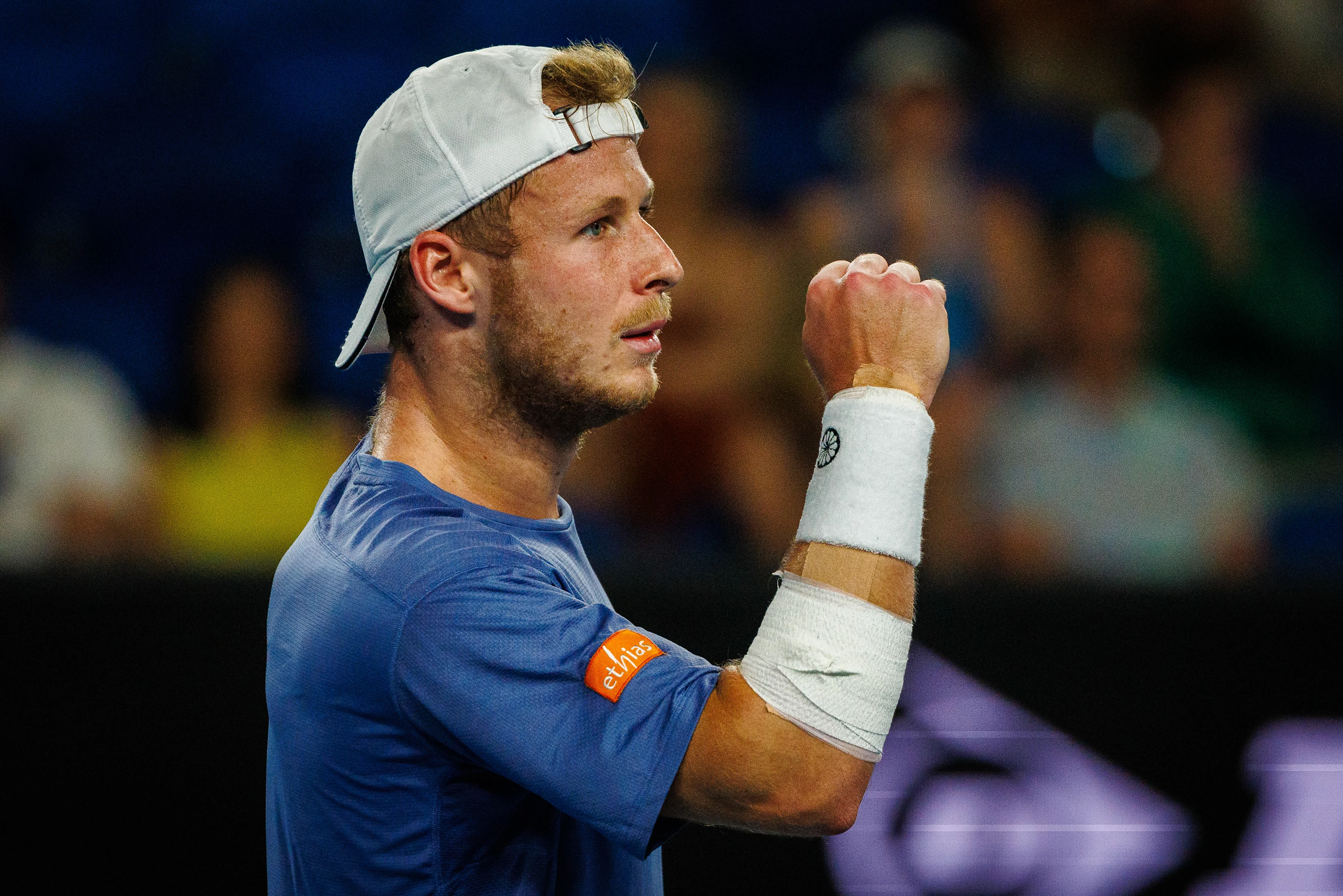 Belgian Gauthier Onclin pictured in action during a men's singles first round game between Belgian Onclin and American Opelka, at the 'Australian Open' Grand Slam tennis tournament, Sunday 12 January 2025 in Melbourne Park, Melbourne, Australia. The 2025 edition of the Australian Grand Slam takes place from January 12th to January 26th. BELGA PHOTO PATRICK HAMILTON