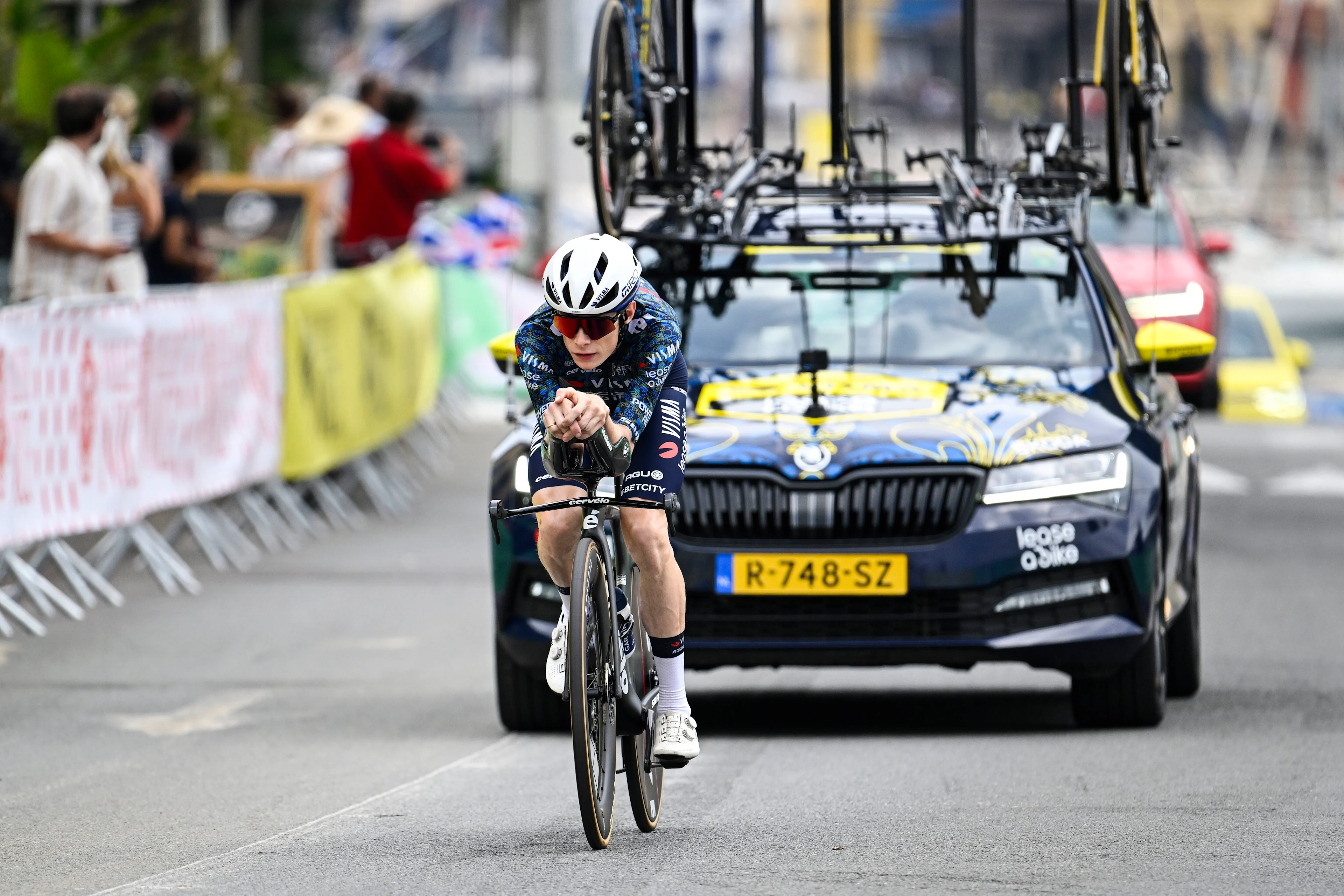 Danish Jonas Vingegaard of Team Visma-Lease a Bike pictured in action during the warming-up for stage 21, the final stage of the 2024 Tour de France cycling race, an individual time trial from Monaco to Nice, France (33,7 km) on Sunday 21 July 2024. The 111th edition of the Tour de France starts on Saturday 29 June and will finish in Nice, France on 21 July. BELGA PHOTO TOM GOYVAERTS