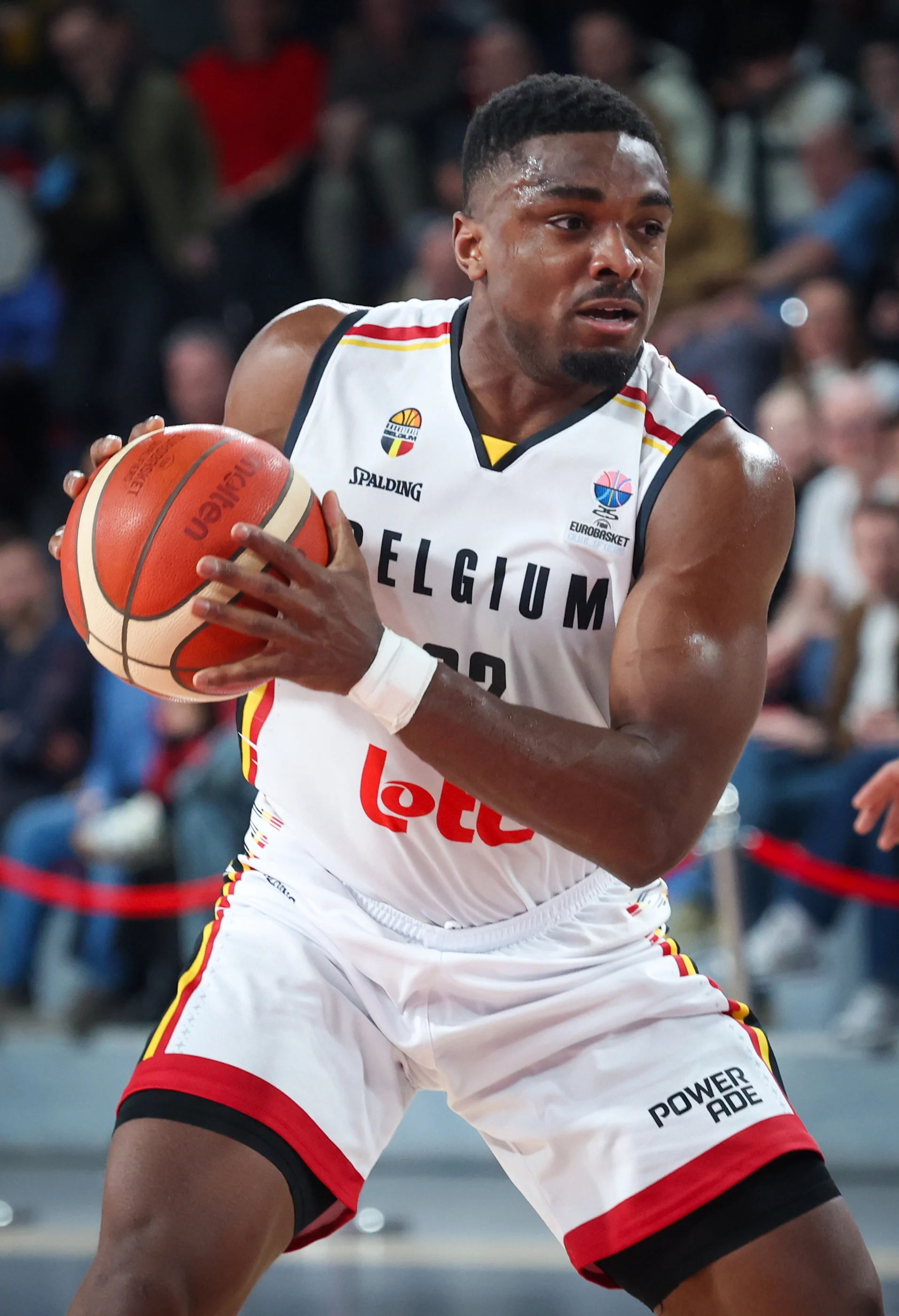 Belgium's Retin Obasohan pictured in action during a basketball match between Belgium's national team Belgian Lions and Slovakia, Thursday 20 February 2025 in Charleroi, game 5/6 in the group stage of the qualifications for the Eurobasket 2025 European championships. BELGA PHOTO VIRGINIE LEFOUR