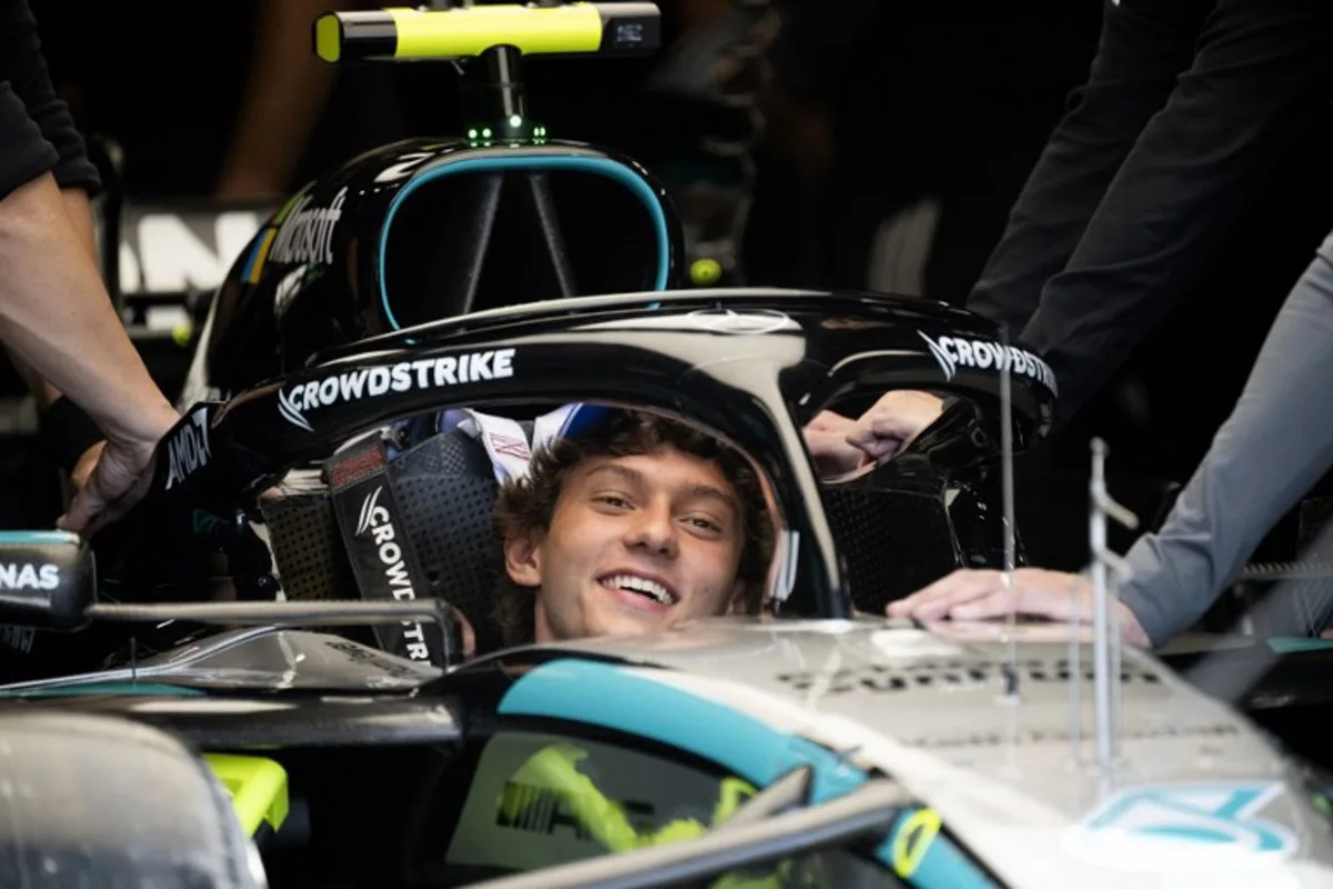Mercedes' Italian driver Kimi Antonelli looks on in the garage ahead of the Formula One Dutch Grand Prix at The Circuit Zandvoort, western Netherlands, on August 20, 2026. JOHN THYS / AFP