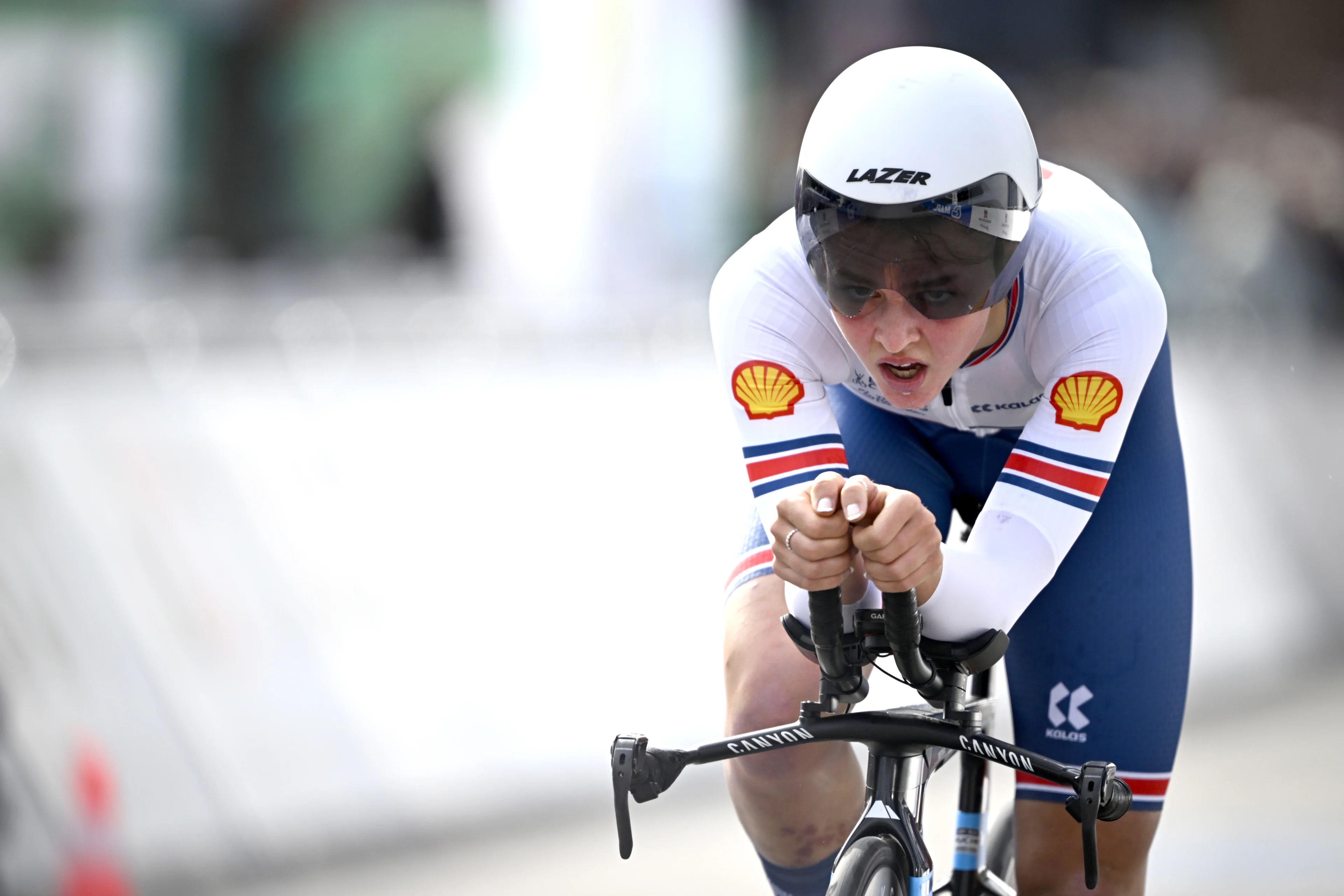 Winner British Cat Ferguson crosses the finish line of the Junior Women individual time trial race at the 2024 UCI Road and Para-Cycling Road World Championships, Tuesday 24 September 2024, in Zurich, Switzerland. The Worlds are taking place from 21 to 29 September. BELGA PHOTO JASPER JACOBS