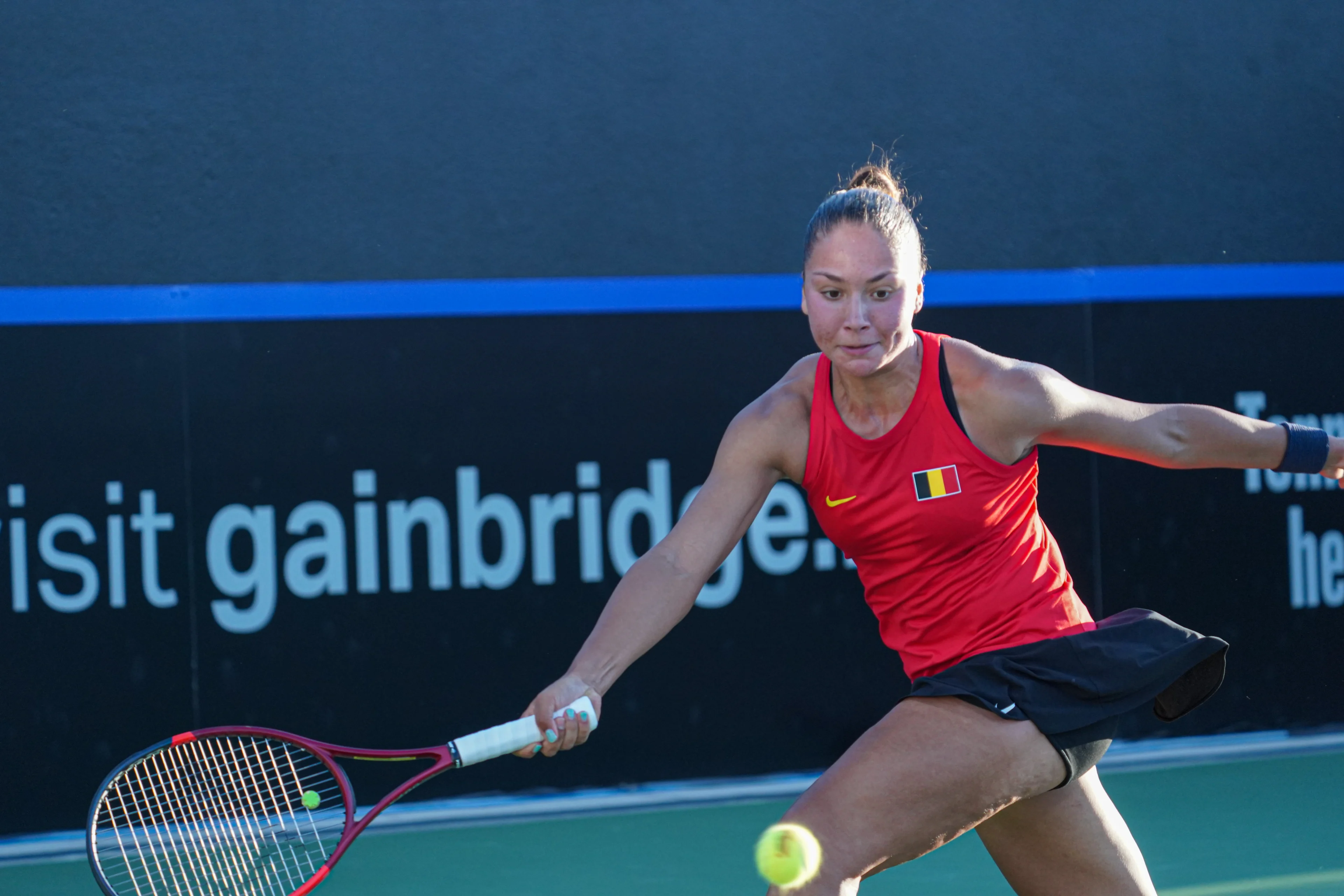 Belgian Sofia Costoulas pictured in action during the first match between US Pegula (WTA 5) and Belgian Costoulas (WTA 279) on the first day of the meeting between USA and Belgium, in the qualification round in the world group for the final of the Billie Jean King Cup tennis, in Orlando, Florida, USA, on Friday 12 April 2024. BELGA PHOTO MARTY JEAN LOUIS