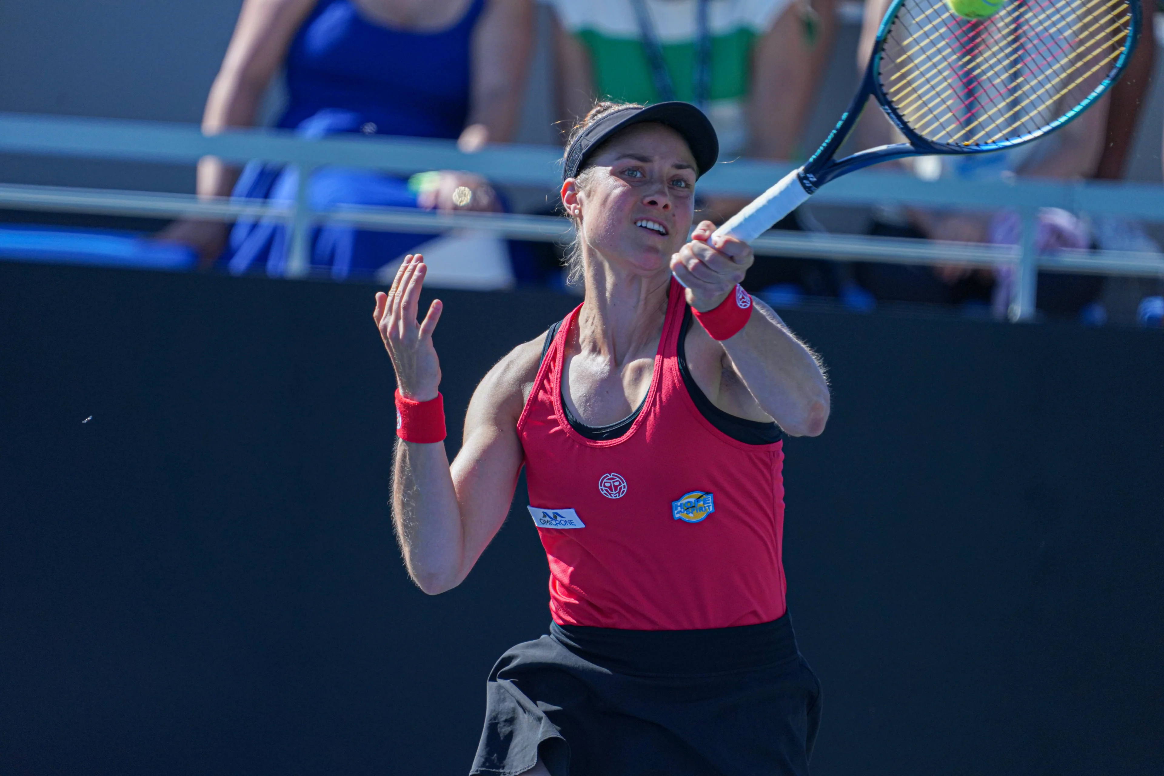 Belgian Marie Benoit pictured in action during the fourth match between, a doubles match between American pair Dolehide and Townsend and Belgian pair Benoit and Zimmermann, on the second day of the meeting between USA and Belgium, in the qualification round in the world group for the final of the Billie Jean King Cup tennis, in Orlando, Florida, USA, on Saturday 13 April 2024. BELGA PHOTO MARTY JEAN LOUIS