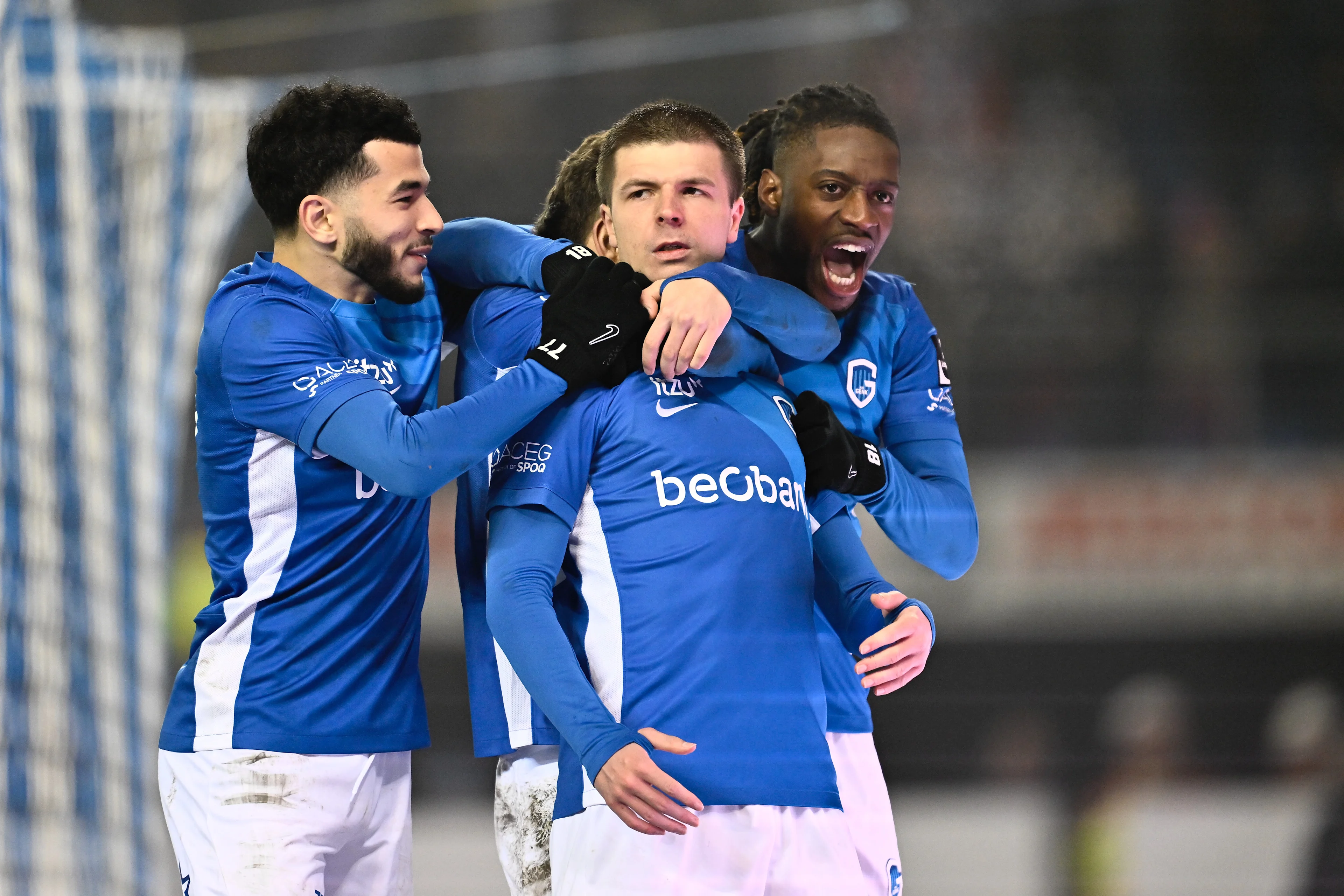 Genk's Zakaria El Ouahdi, Genk's Jarne Steuckers and Genk's Joris Kayembe celebrate after scoring during a soccer game between KRC Genk and Oud-Heverlee Leuven, Saturday 11 January 2025 in Genk, on day 21 of the 2024-2025 season of the "Jupiler Pro League" first division of the Belgian championship. BELGA PHOTO JOHAN EYCKENS