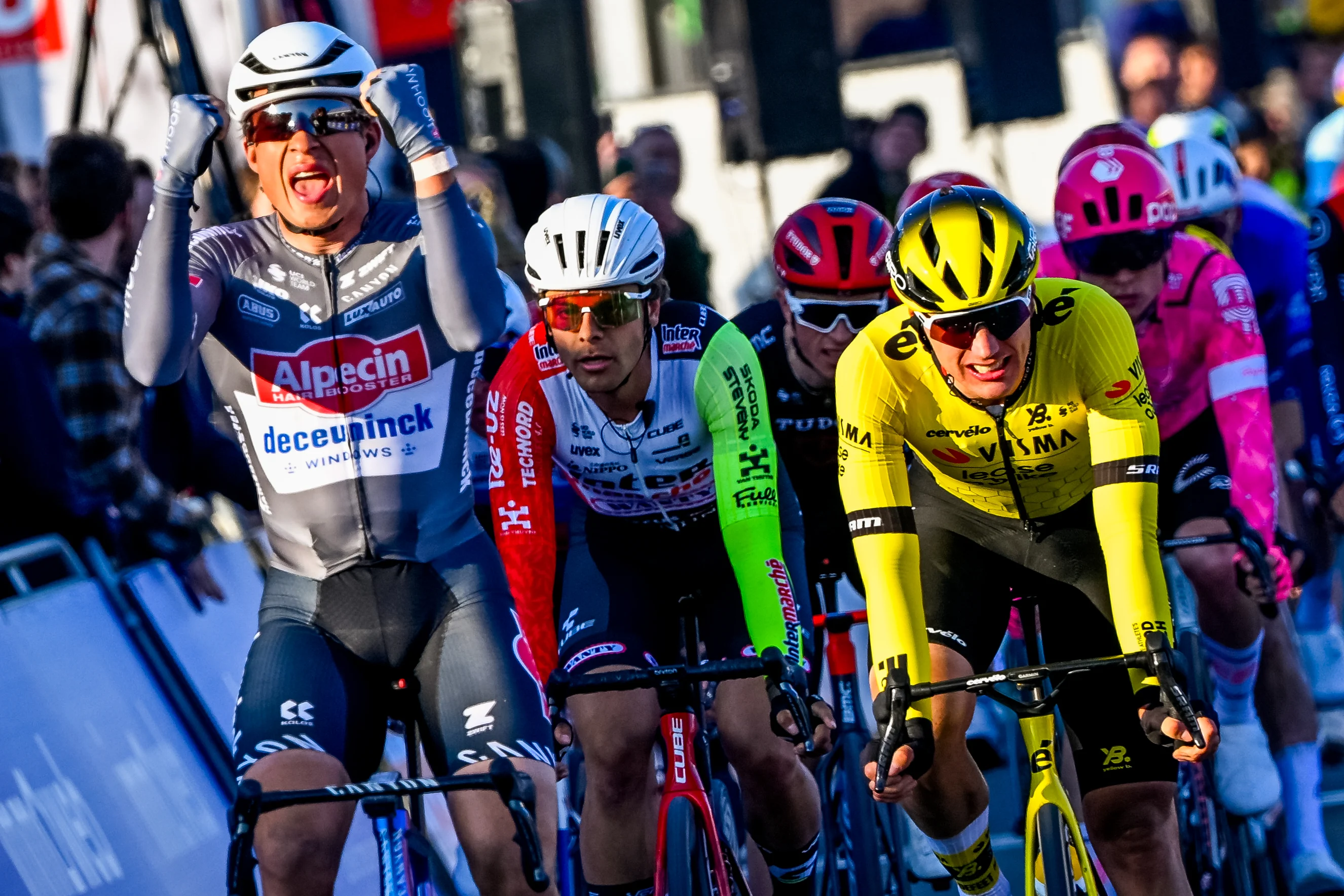 Belgian Jasper Philipsen of Alpecin-Deceuninck celebrates as he crosses the finish line to win the Kuurne-Brussels-Kuurne one day cycling race, 196,9 km from Kuurne to Kuurne via Brussels, Sunday 02 March 2025. BELGA PHOTO ERIC LALMAND