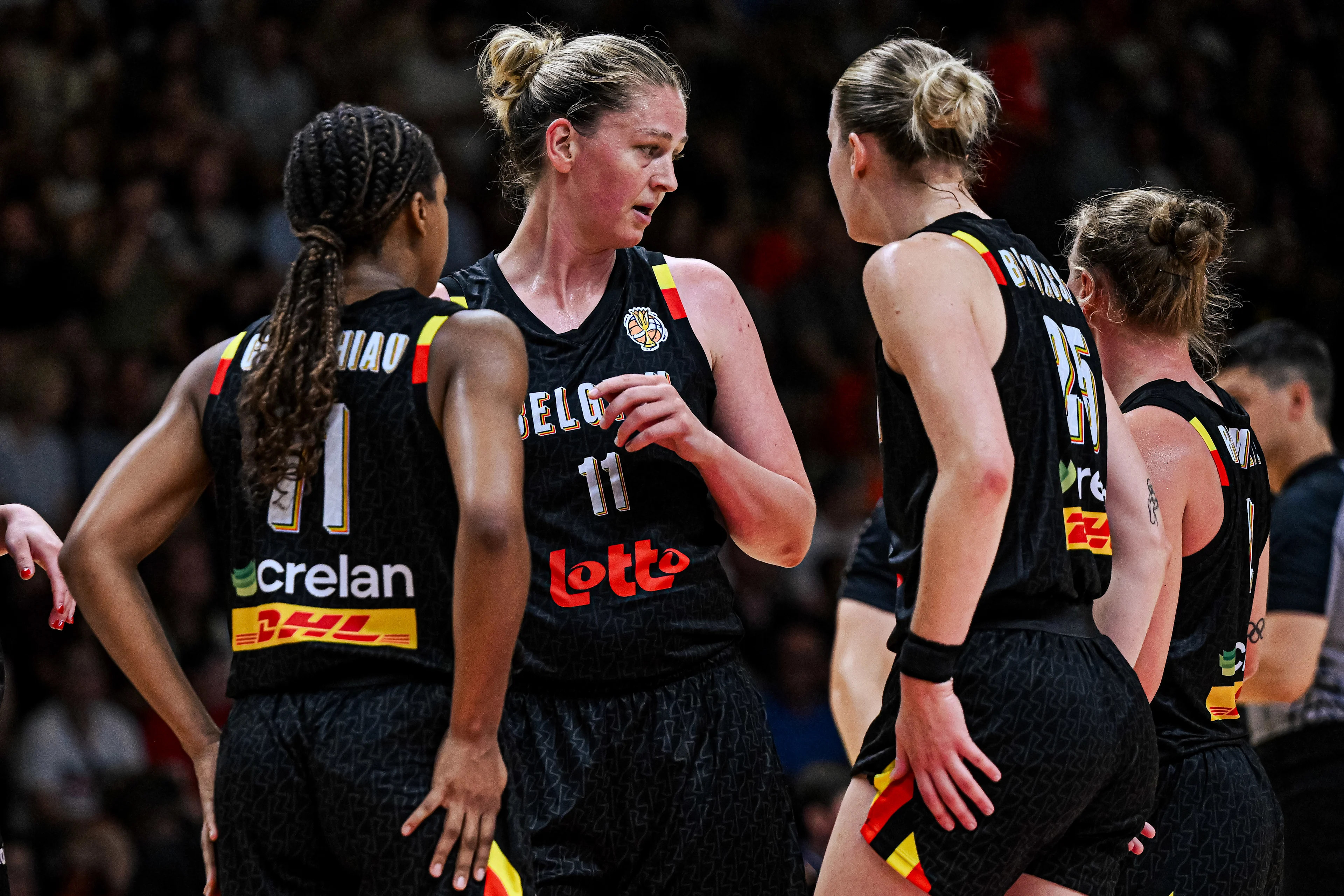 Belgium's Emma Meesseman and Belgian Cats' players pictured during a friendly basketball match between Belgian national women's team the Belgian Cats and Italy, in Kortrijk on Saturday 15 August 2026. The Cats are preparing the world cup in Germany in September. BELGA PHOTO EMILE WINDAL