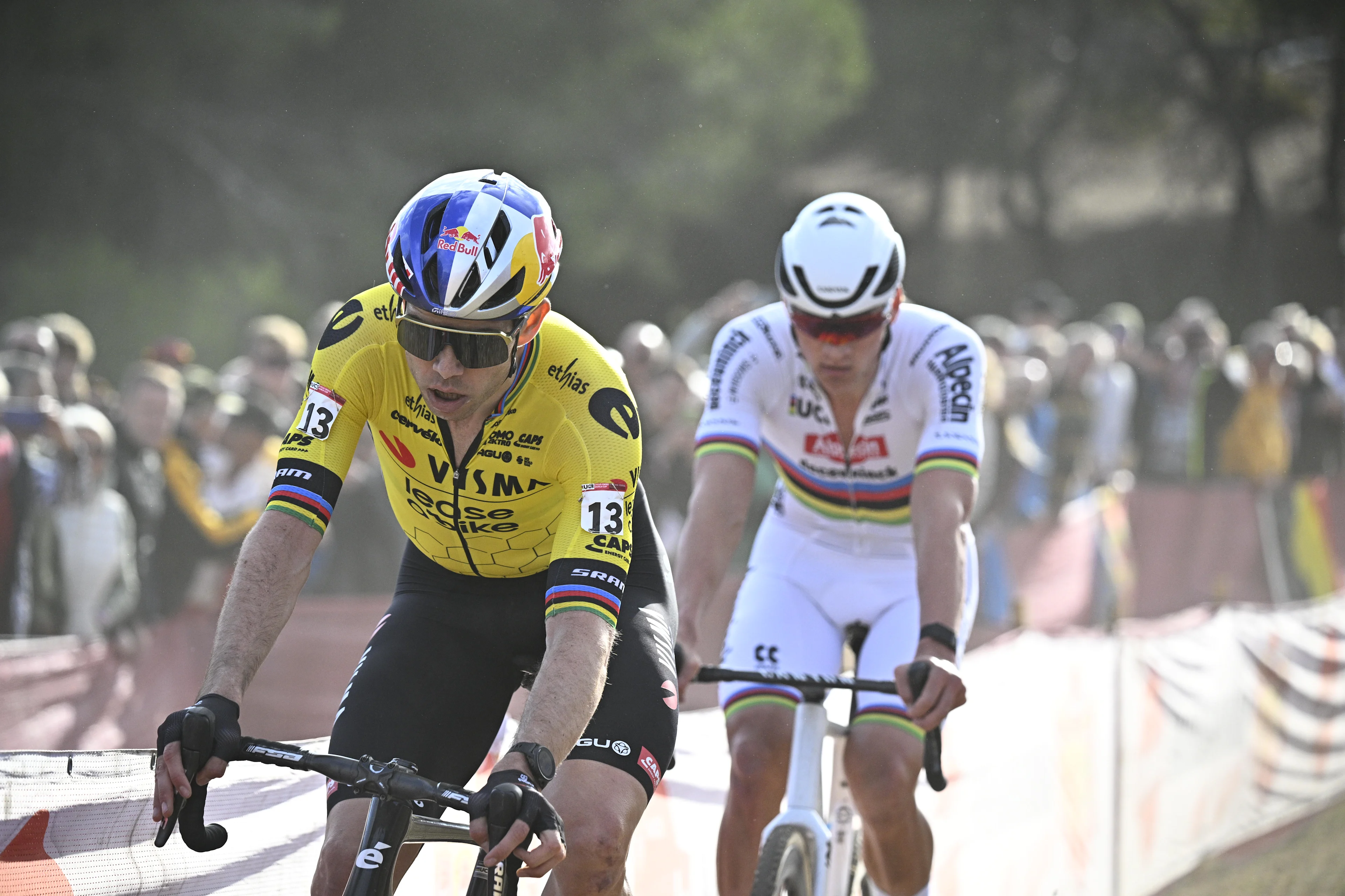 Belgian Wout van Aert and Dutch Mathieu Van Der Poel pictured in action during the men's elite race at the cyclocross cycling event in Benidorm, Spain, Sunday 21 January 2024, stage 13/14 in the World Cup ranking. BELGA PHOTO JASPER JACOBS