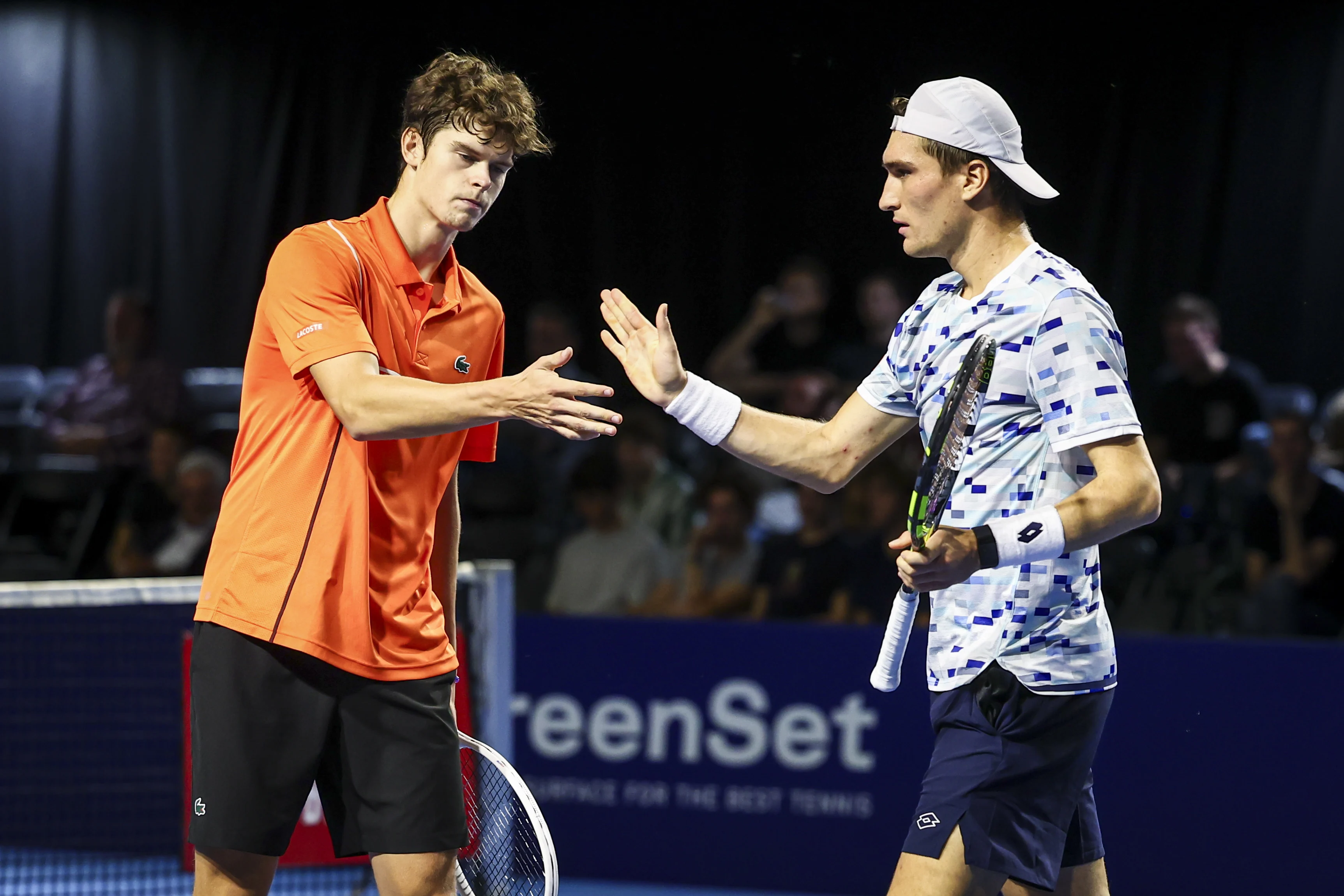 Belgian Alexander Blockx and Belgian Raphael Collignon pictured during a tennis match in the round of 16 of the doubles competition at the ATP European Open Tennis tournament in Antwerp, Wednesday 16 October 2024. BELGA PHOTO DAVID PINTENS