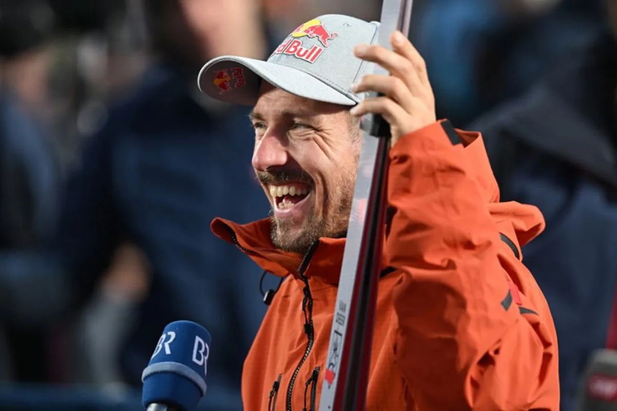 Netherland's Marcel Hirscher reactas during an interview after the men's Giant Slalom of the FIS Alpine Ski World Cup in Soelden, Austria, on October 27, 2024. KERSTIN JOENSSON / AFP