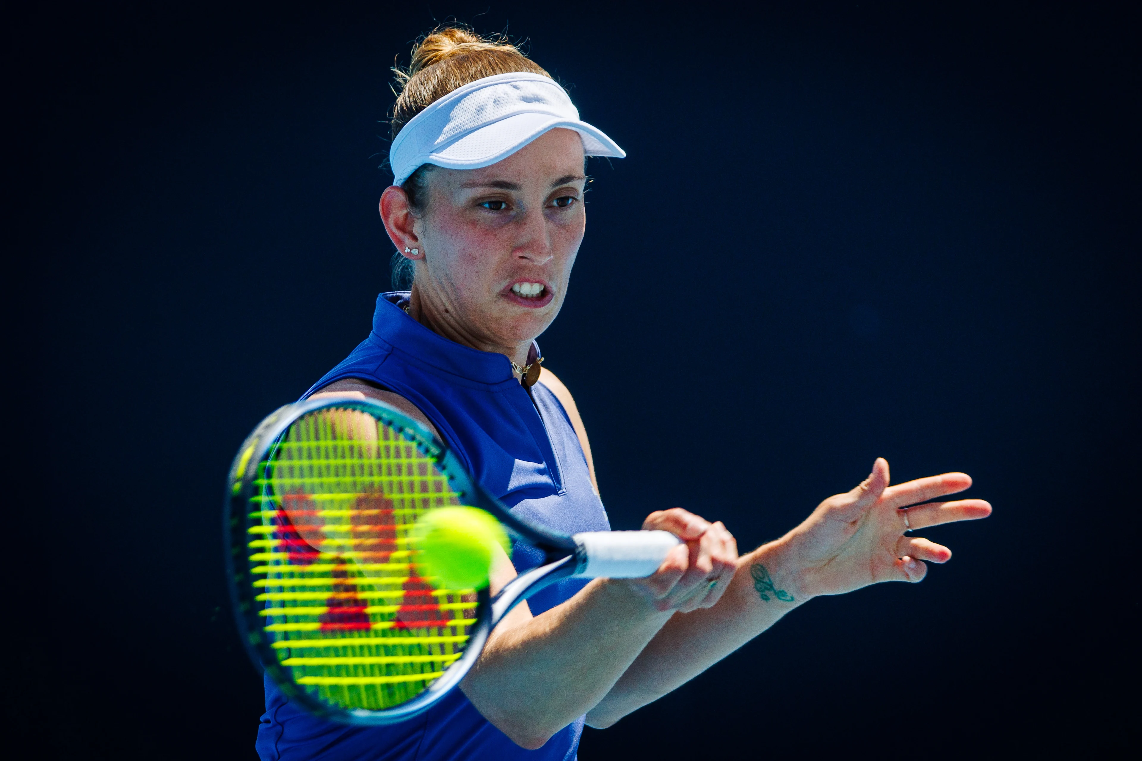 Belgian Elise Mertens pictured during a doubles tennis match between Belgian-Australian pair Mertens-Perez and Australian-Ukrainian pair Aiava-Kostyuk, in the second round of the women's doubles at the 'Australian Open' Grand Slam tennis tournament, Saturday 18 January 2025 in Melbourne Park, Melbourne, Australia. The 2025 edition of the Australian Grand Slam takes place from January 12th to January 26th. BELGA PHOTO PATRICK HAMILTON BELGIUM ONLY