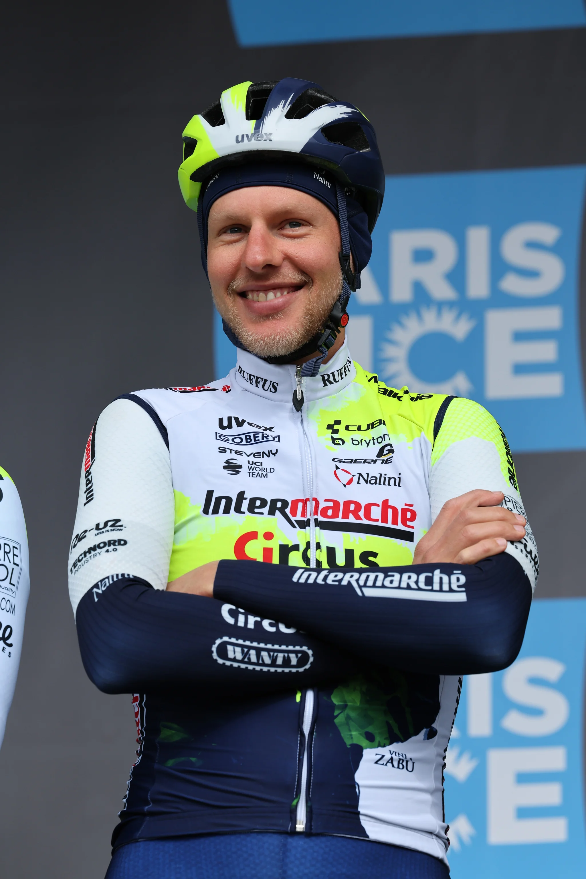 Dutch Taco van der Hoorn of Intermarche-Circus-Wanty pictured during the team presentation ahead of the second stage of the 81st edition of the Paris-Nice eight days cycling race, from Bazainville to Fontainebleau (163,7 km) in France, Monday 06 March 2023. BELGA PHOTO DAVID PINTENS