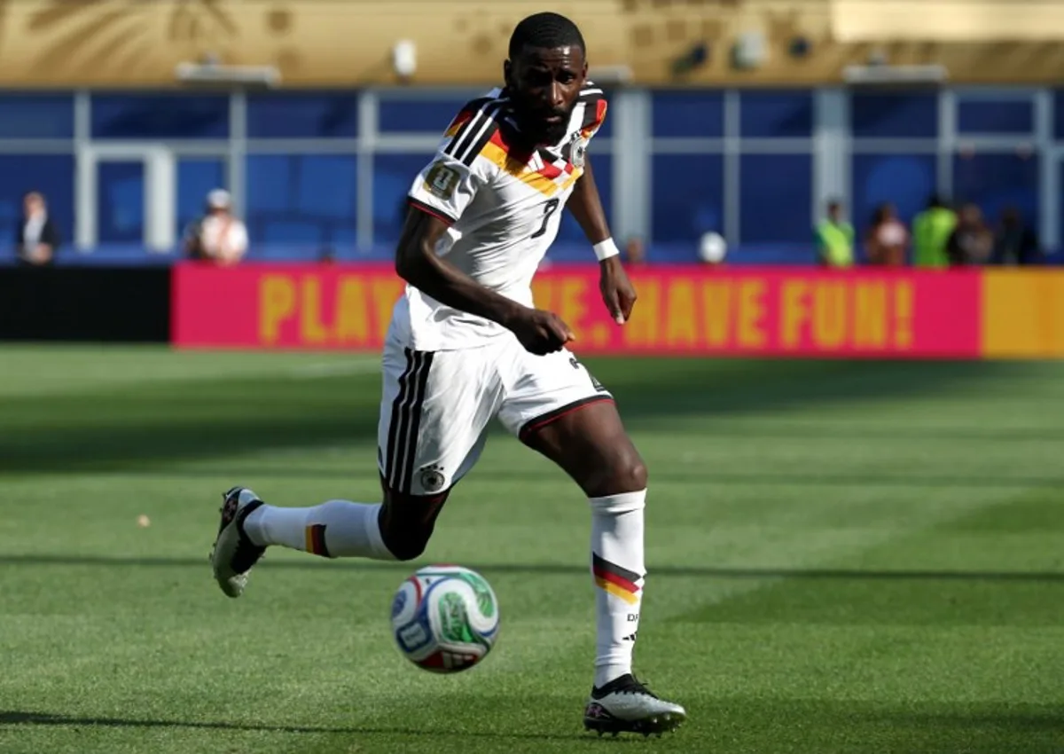 (FILES) Germany's defender #02 Antonio Ruediger controls the ball during the 2026 World Cup round of 32 football match between Germany and Paraguay at the Boston Stadium in Foxborough on June 29, 2026. Germany defender Antonio Rudiger on September 1, 2026 announced his international retirement, two months after last playing for Germany at the 2026 World Cup. The 33-year-old made 86 appearances for the four-time world champions. FRANCK FIFE / AFP
