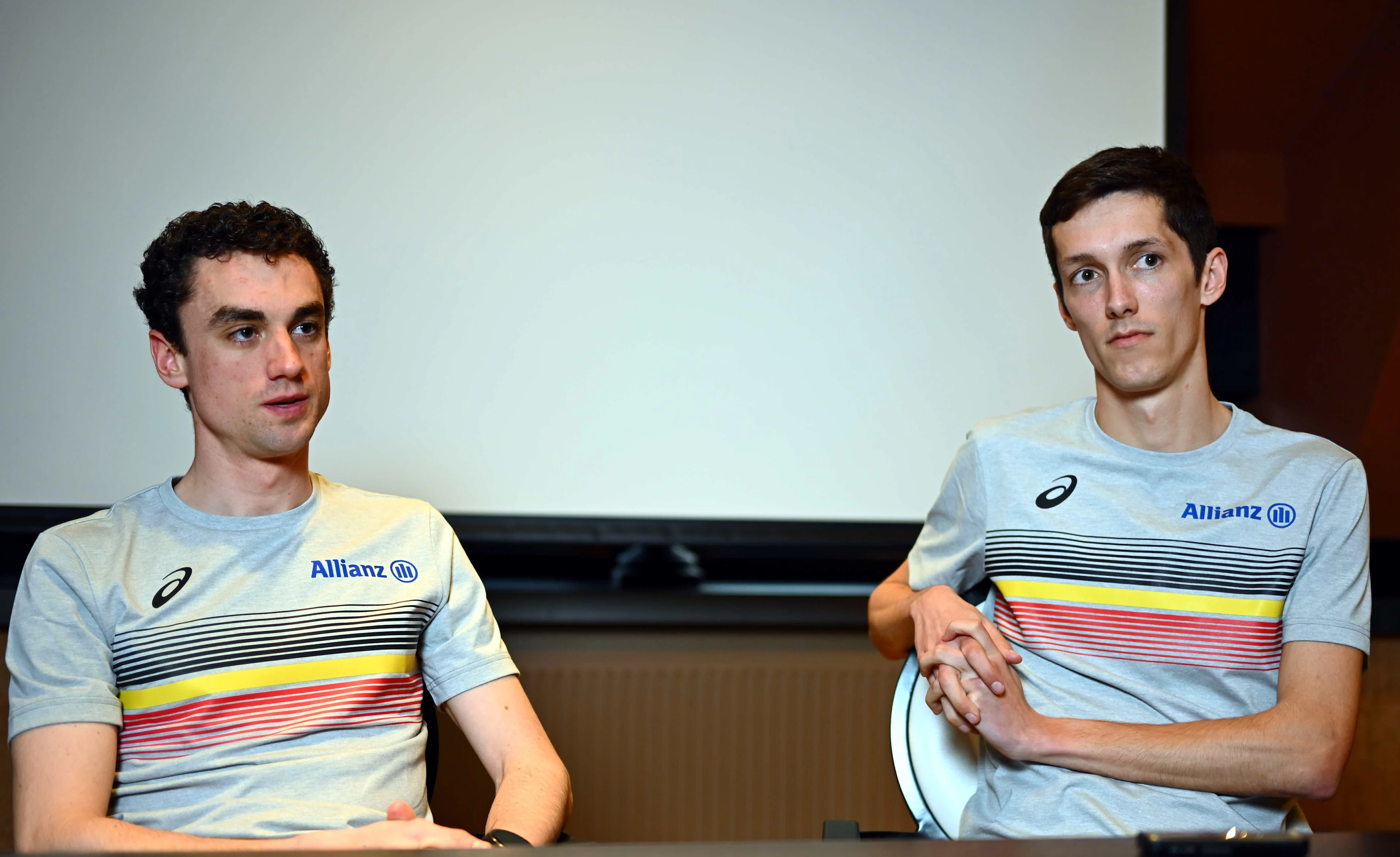 Belgian Jochem Vermeulen and Belgian Ruben Verheyden pictured during a press conference ahead of the European Athletics Indoor Championships, in Apeldoorn, The Netherlands, Tuesday 04 March 2025. The championships take place from 6 to 9 March. BELGA PHOTO ERIC LALMAND