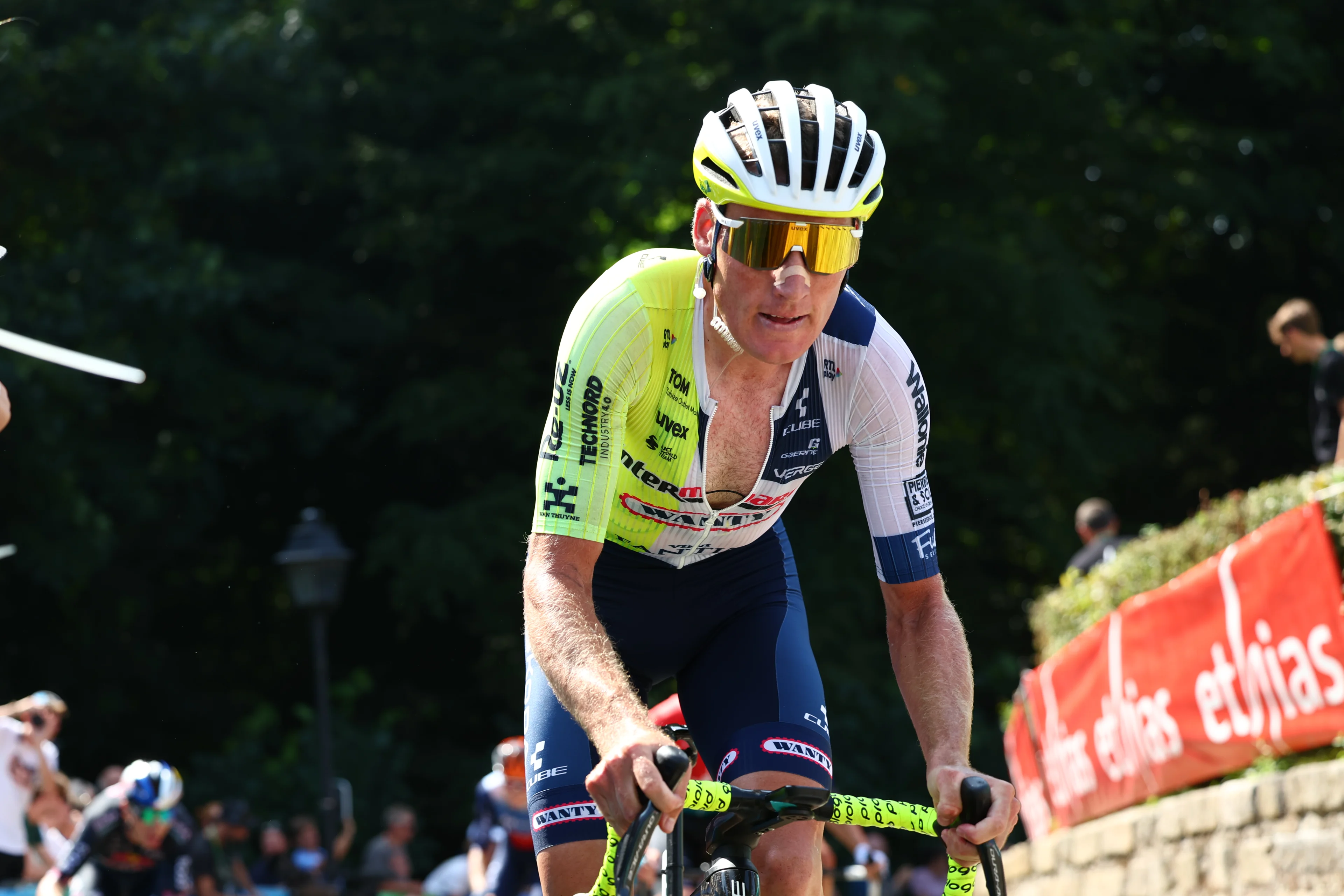 Dutch Mike Teunissen of Intermarche-Wanty pictured in action during the fifth and last stage of the 'Renewi Tour' multi-stage cycling race, from Menen to Geraardsbergen (202,5 km) on Sunday 01 September 2024. The five-day race takes place in Belgium and the Netherlands.  BELGA PHOTO DAVID PINTENS