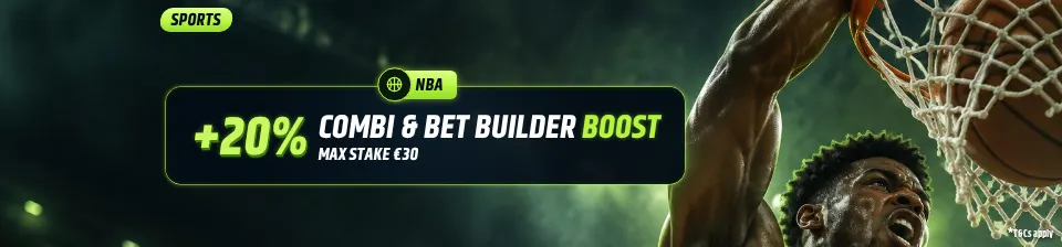 Activate the 20% Boost on your pre-match NBA bet and earn extra net winnings. Min. odds 3.00, up to €30.