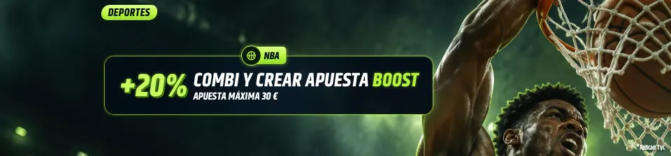 Activa el Boost del 20% en tu apuesta NBA prepartido y consigue ganancias netas extra. Cuota mínima 3.00, hasta 30 €.