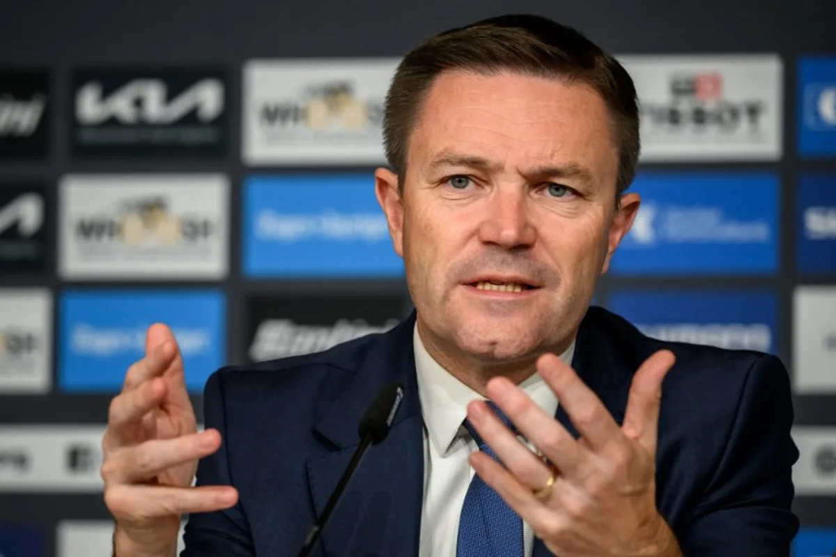 UCI President David Lappartient delivers a press conference during the UCI 2024 Cycling Road World Championships, in Zurich, on September 28, 2024, a day after the death of Swiss teenage cyclist Muriel Furrer following a head injury during the UCI 2024 Road World Championships. Swiss teenage cyclist Muriel Furrer died on September 27, 2024, a day after suffering a serious head injury in a crash during the women's junior road race at the world championships. Fabrice COFFRINI / AFP