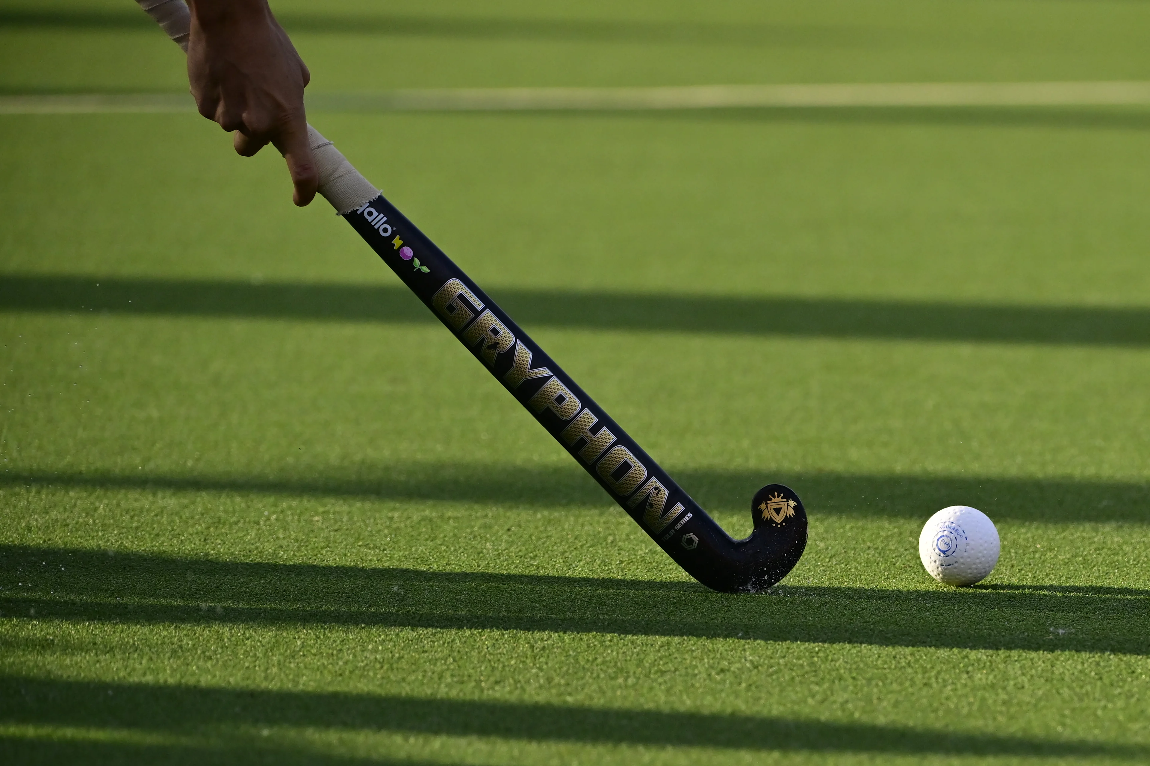 Illustration picture shows a hockey stick and ball on the pitch, during a hockey game between Belgian national team Red Lions and Ireland, match 5/16 in the group stage of the 2024 Men's FIH Pro League, Wednesday 22 May 2024, in Antwerp. BELGA PHOTO DIRK WAEM