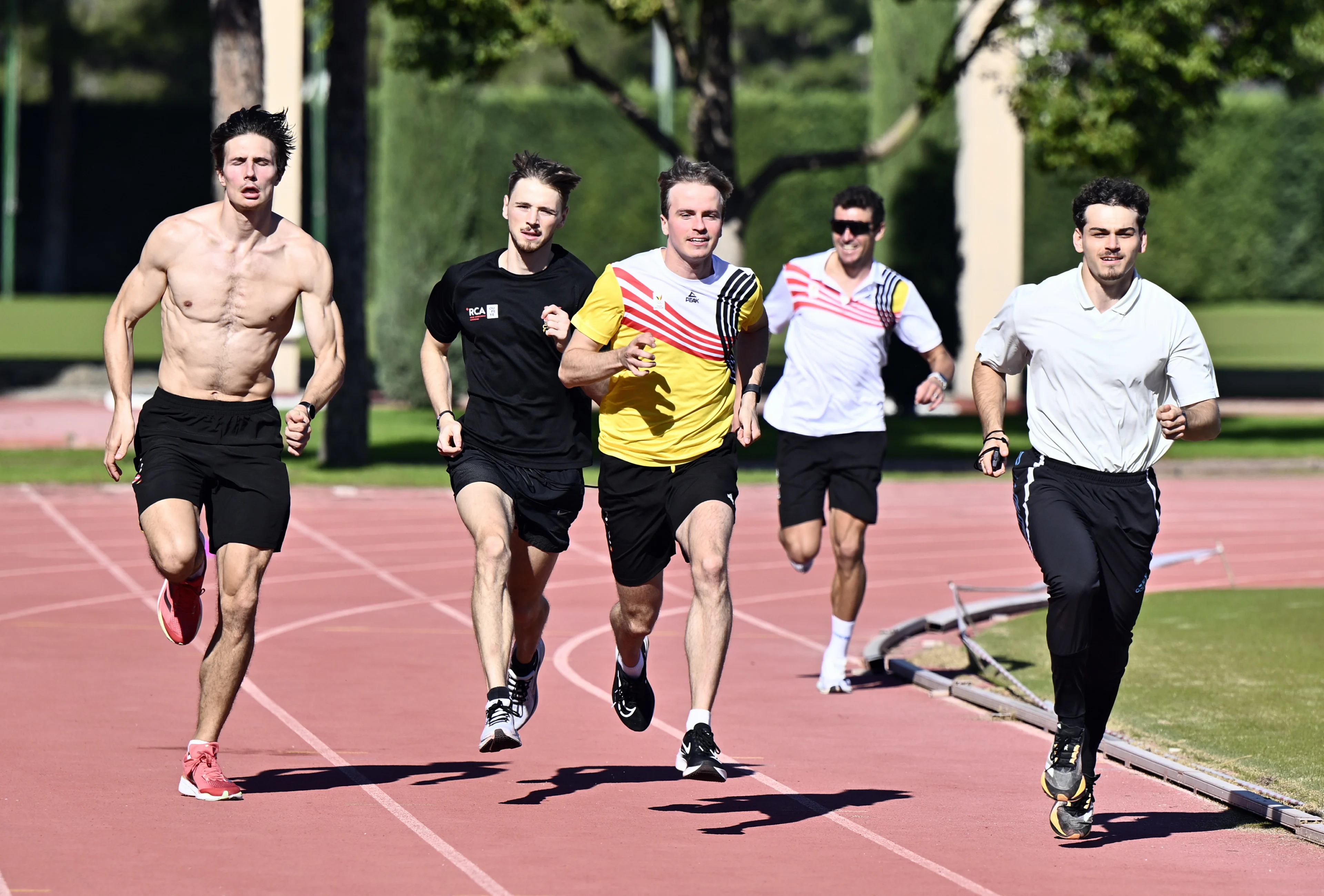 Belgian Athlete Christian Iguacel y Garcia, Belgian Athlete Valentijn Hoornaert, Belgian Athlete Simon Verherstraeten, Belgium Greg Van Avermaet and Belgian Athlete Kobe Vleminckx pictured in action during a training camp organized by the BOIC-COIB Belgian Olympic Committee in Belek, Turkey, Tuesday 19 November 2024. The camp takes place from 11 to 25 November. BELGA PHOTO ERIC LALMAND