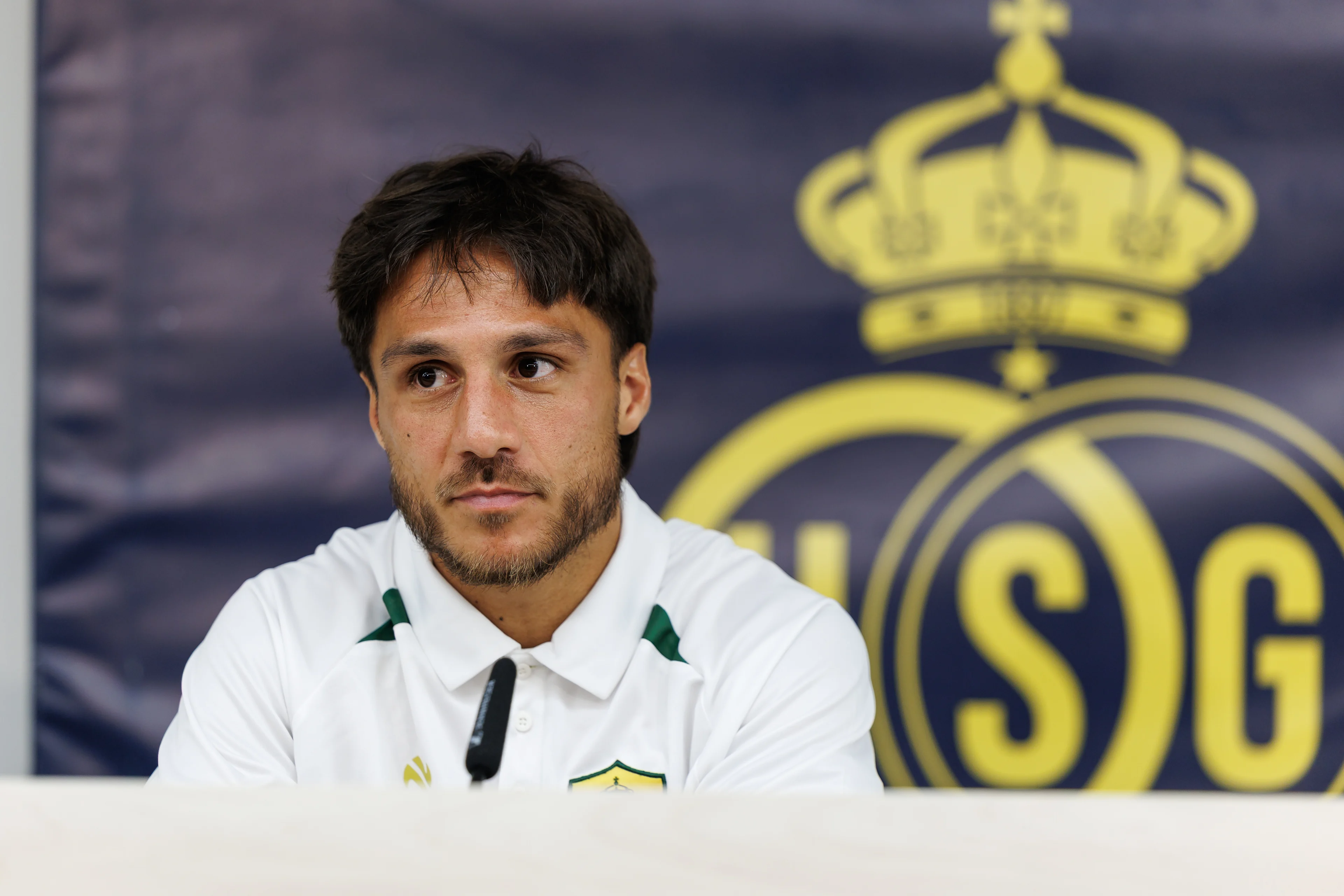 Union's Kevin Mac Allister pictured during a press conference of Belgian Royale Union Saint-Gilloise, Monday 03 August 2026 in Oostende, in preparations of the first leg of the third qualifying round for the UEFA Champions League against Norwegian Bodo Glimt. BELGA PHOTO KURT DESPLENTER