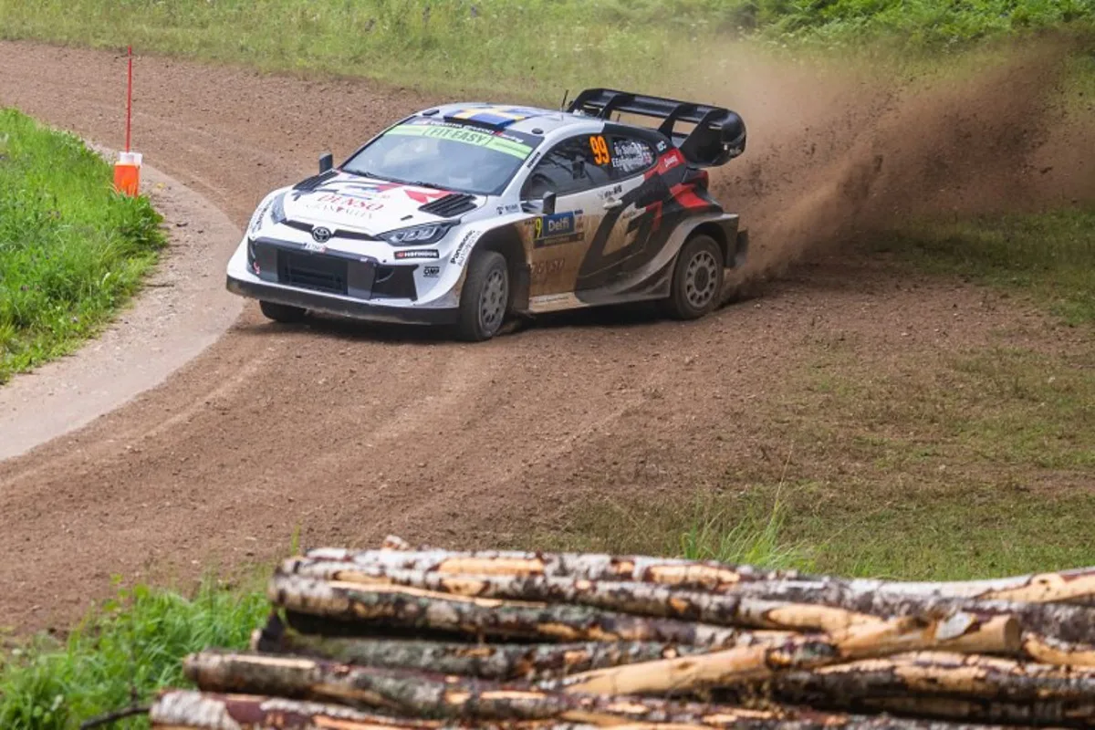 Swedish Oliver Solberg and his British co-driver Elliott Edmondson compete in their Toyota Yaris Rally1 during the Hellenurme stage of the WRC Rally Estonia, the eighth round of the FIA World Rally Championship, on July 20, 2025 near Otepaa, Estonia. TIMO ANIS / AFP