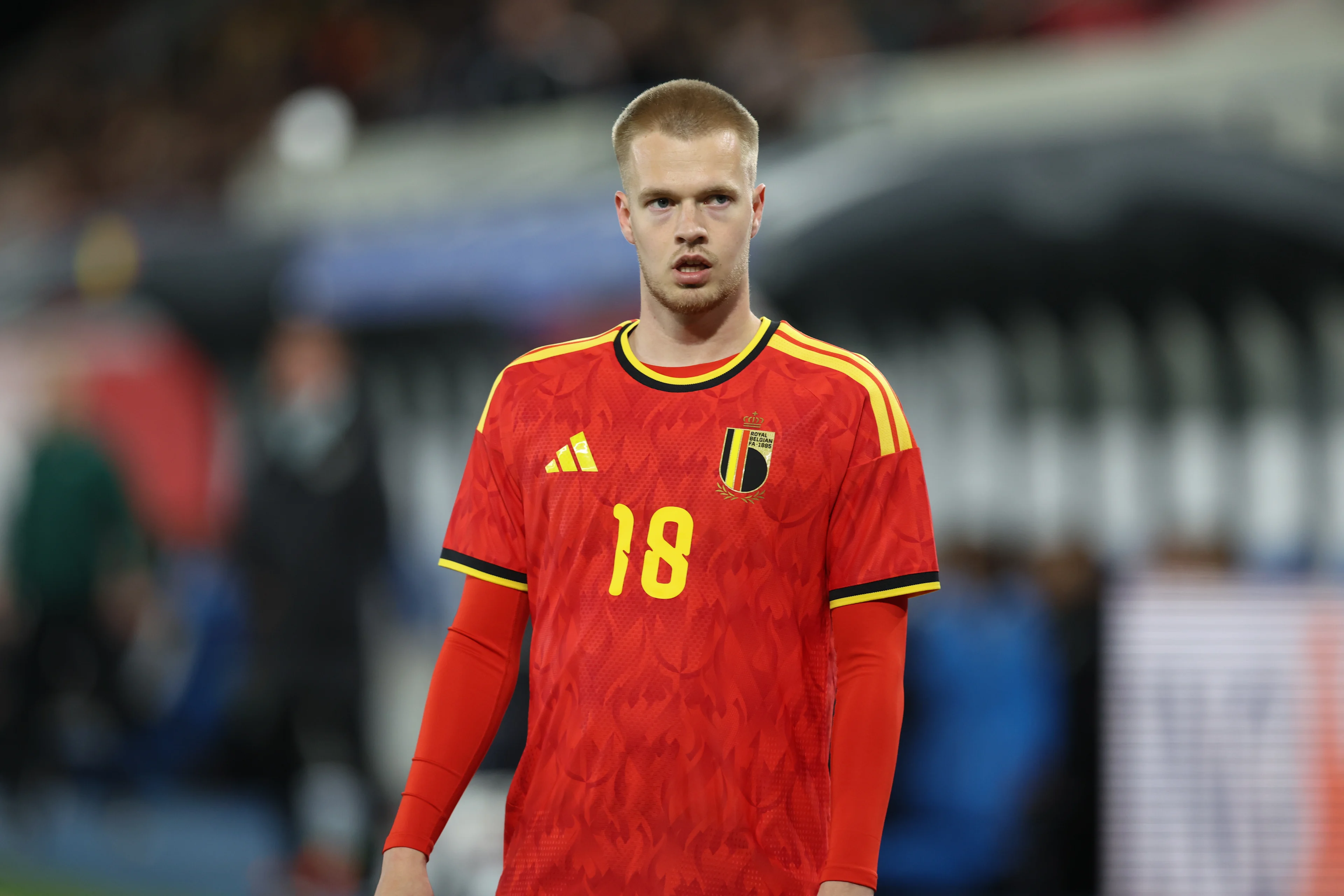 Belgian Arthur Vermeeren pictured during a game of the Belgian national soccer team Red Devils U21 against Austria, on the day 8 of the qualifications in the group I for the 2027 Euro, in Leuven, Friday 27 March 2026. BELGA PHOTO BRUNO FAHY