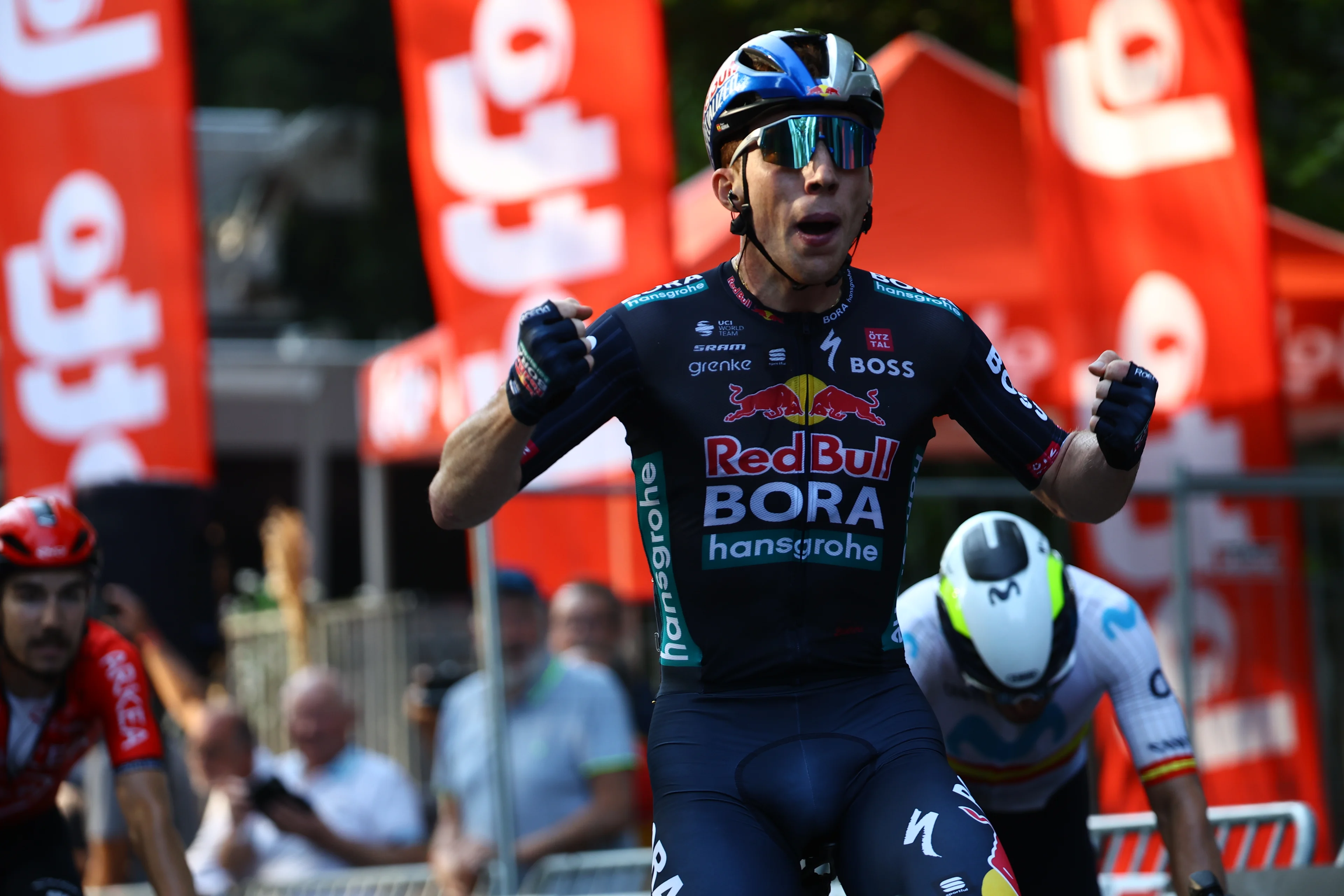 Spanish Roger Adria of Red Bull-Bora-Hansgrohe celebrates as he crosses the finish line to win the one day cycling race Grand Prix de Wallonie 2024 (202,3 km), from Blegny to the Citadelle de Namur, in Namur, on Wednesday 18 September 2024.  BELGA PHOTO DAVID PINTENS