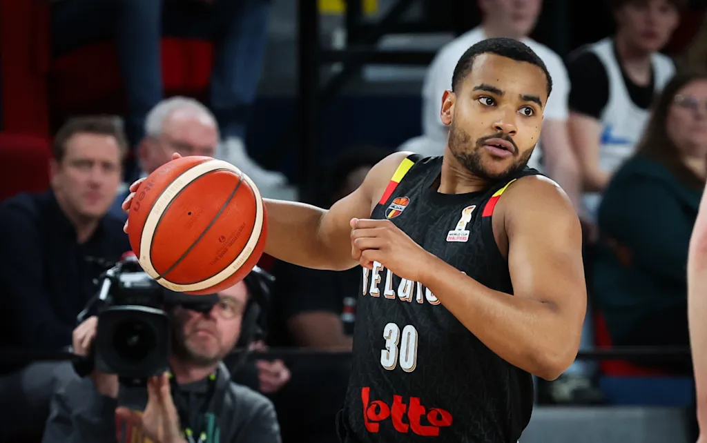 Belgium's Stephan Swenson Dibongue pictured in action during a basketball match between Belgian national team Belgian Lions and Finland, Friday 27 February 2026 in Charleroi, qualifier 3/6 for the men's 2027 FIBA World Championships. BELGA PHOTO VIRGINIE LEFOUR