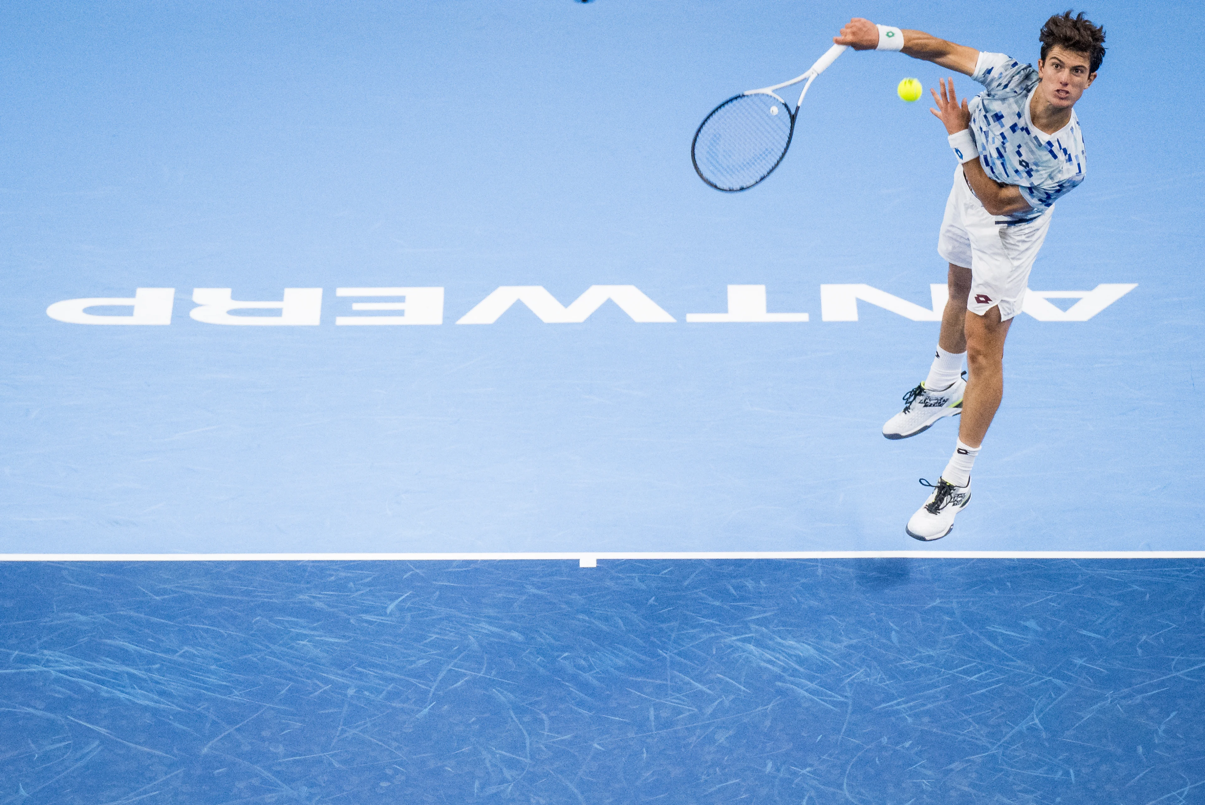 Belgian Gilles-Arnaud Bailly pictured in action during a tennis match in the round of 32 of the singles competition at the ATP European Open Tennis tournament in Antwerp, Wednesday 16 October 2024. BELGA PHOTO JASPER JACOBS