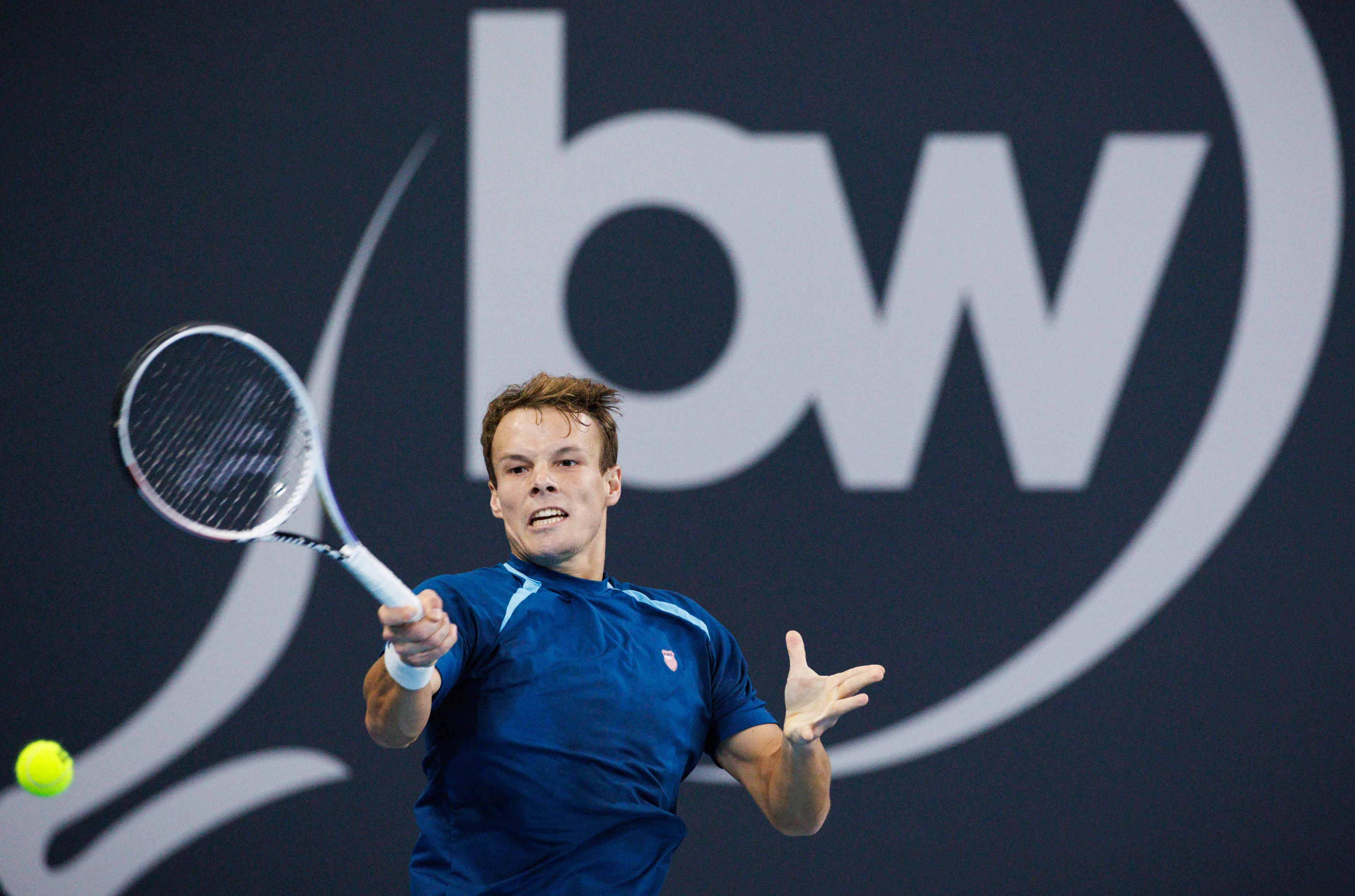 Belgian Michael Geerts pictured during a qualification game between Belgian Geerts and Canadian Diez in the men's singles at the BW Open ATP Challenger 125 tournament, in Louvain-la-Neuve, Monday 22 January 2024. THE BW Open takes place from 22 to 28 January. BELGA PHOTO BENOIT DOPPAGNE