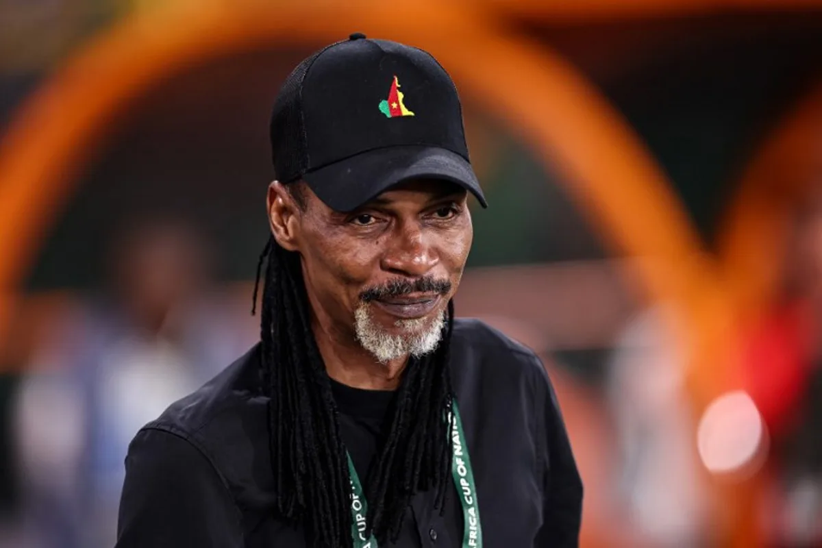 Cameroon's head coach Rigobert Song looks on ahead of the Africa Cup of Nations (CAN) 2024 round of 16 football match between Nigeria and Cameroon at the Felix Houphouet-Boigny Stadium in Abidjan on January 27, 2024.  FRANCK FIFE / AFP