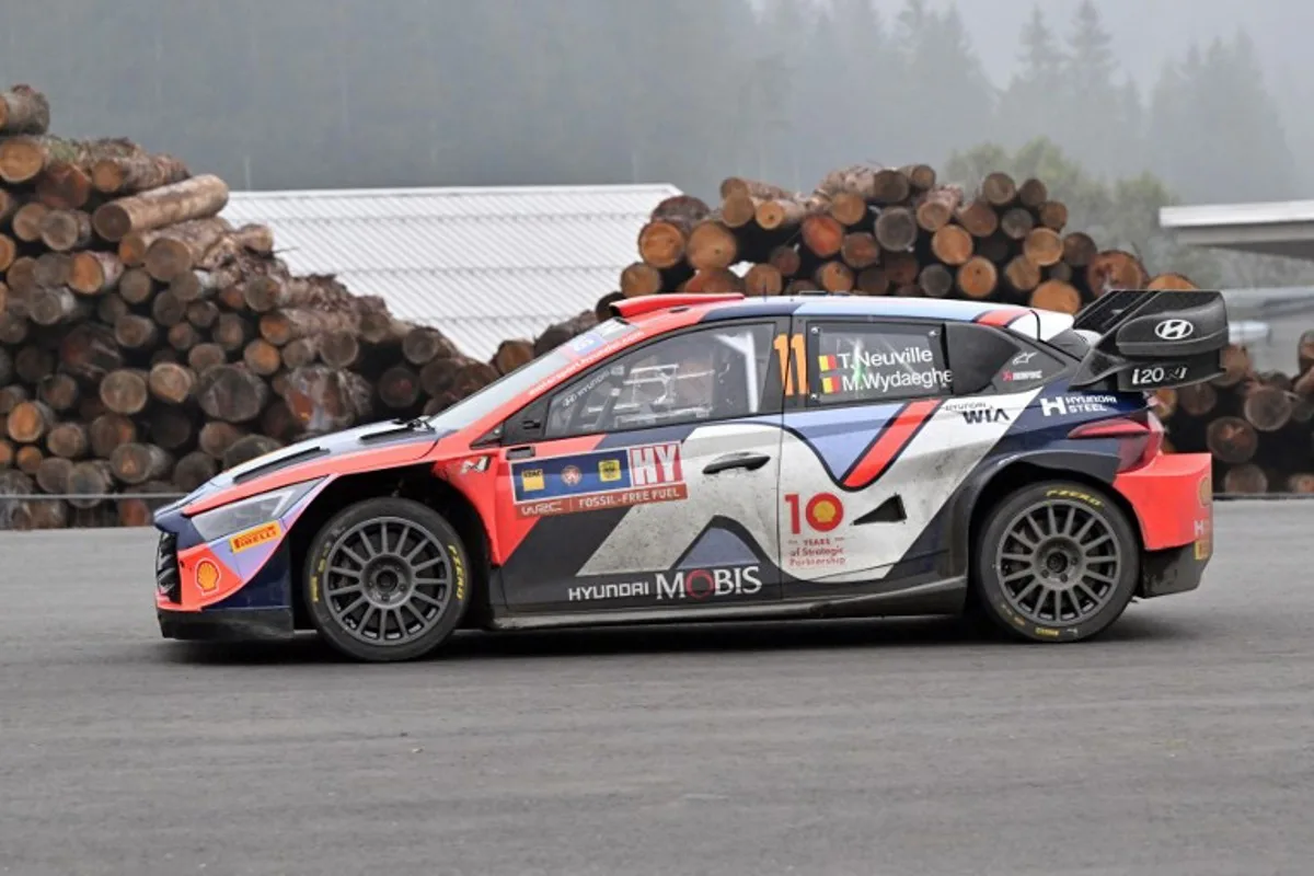 Belgium's Thierry Neuville and his co-driver Martijn Wydaeghe compete in their Hyundai i20 N Rally1 Hybrid during the WRC Central European Rally 2024 near Passau, southern Germany on October 19, 2024.   KERSTIN JOENSSON / AFP