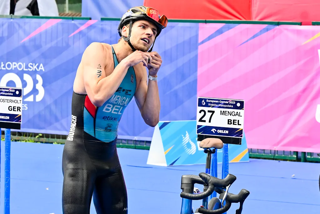 Triathlon Athlete Arnaud Mengal pictured in action during the men's Triathlon event at the European Games in Krakow, Poland on Wednesday 28 June 2023. The 3rd European Games, informally known as Krakow-Malopolska 2023, is a scheduled international sporting event that will be held from 21 June to 02 July 2023 in Krakow and Malopolska, Poland. BELGA PHOTO TEAM BELGIUM