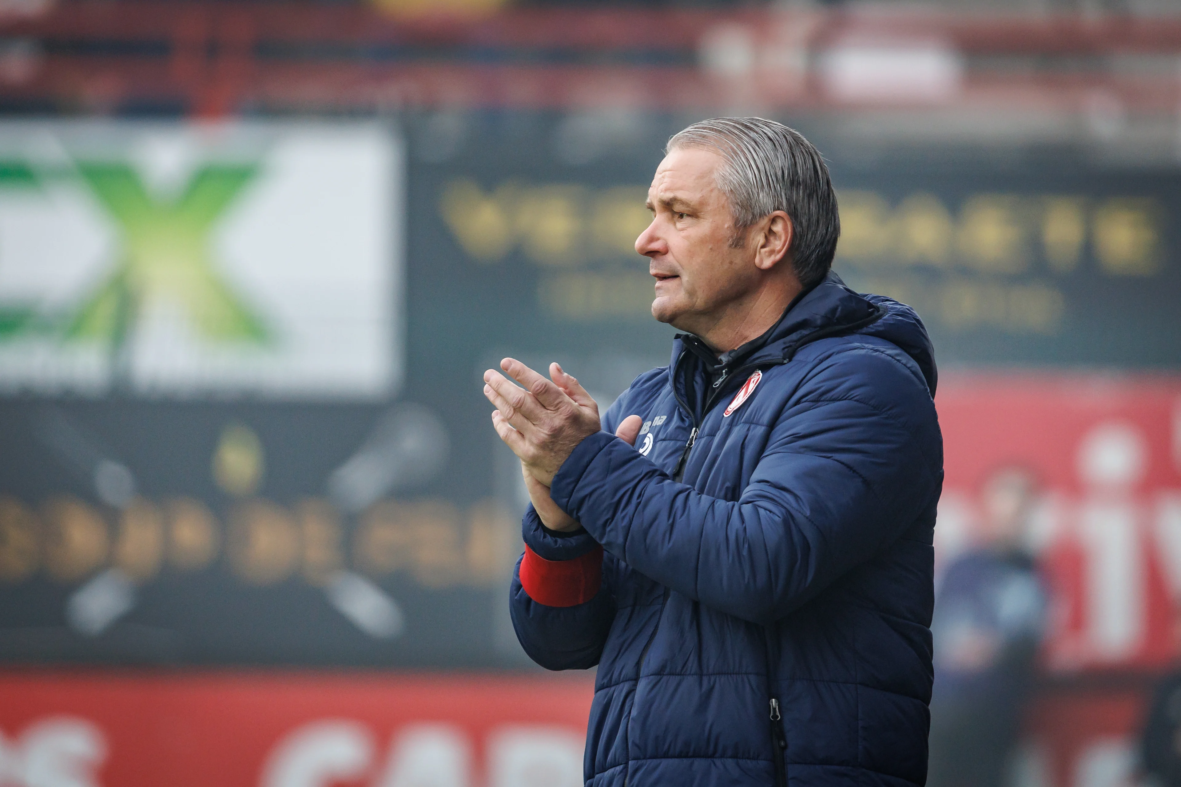 Kortrijk's head coach Bernd Storck pictured during a soccer match between KV Kortrijk and KAS Eupen, Saturday 08 April 2023 in Heule, Kortrijk, on day 32 of the 2022-2023 'Jupiler Pro League' first division of the Belgian championship. BELGA PHOTO KURT DESPLENTER