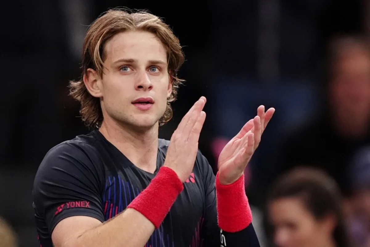 Belgium's Zizou Bergs celebrates after winning against France's Richard Gasquet during their men's singles match on day two of the Paris ATP Masters 1000 tennis tournament at the Accor Arena - Palais Omnisports de Paris-Bercy - in Paris on October 29, 2024.  Dimitar DILKOFF / AFP