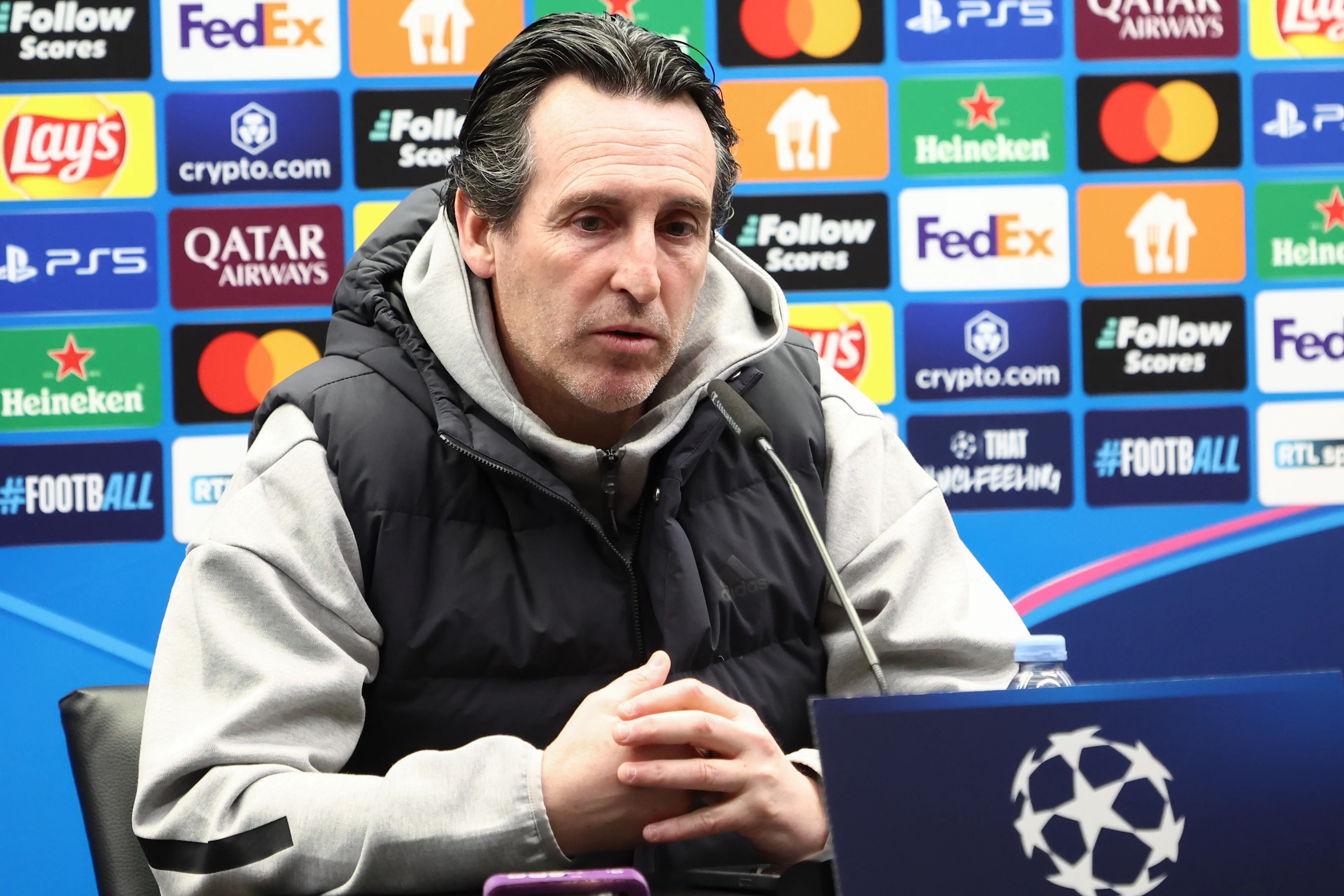 Aston Villa's head coach Unai Emery pictured during a press conference of English club Aston Villa, Monday 03 March 2025 in Brugge. Tomorrow, they will play against Belgian soccer Club Brugge KV, on the first leg of the 1/8 finals of the UEFA Champions League knockout phase. BELGA PHOTO BRUNO FAHY