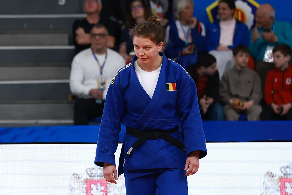 Belgian Vicky Verschaere (blue gi) competes against German Niemeyer (not pictured) in the first round of the women -78kg category, at the European Championships judo in Tbilisi, Georgia, on Sunday 19 April 2026. BELGA PHOTO NIKOLA KRISTC