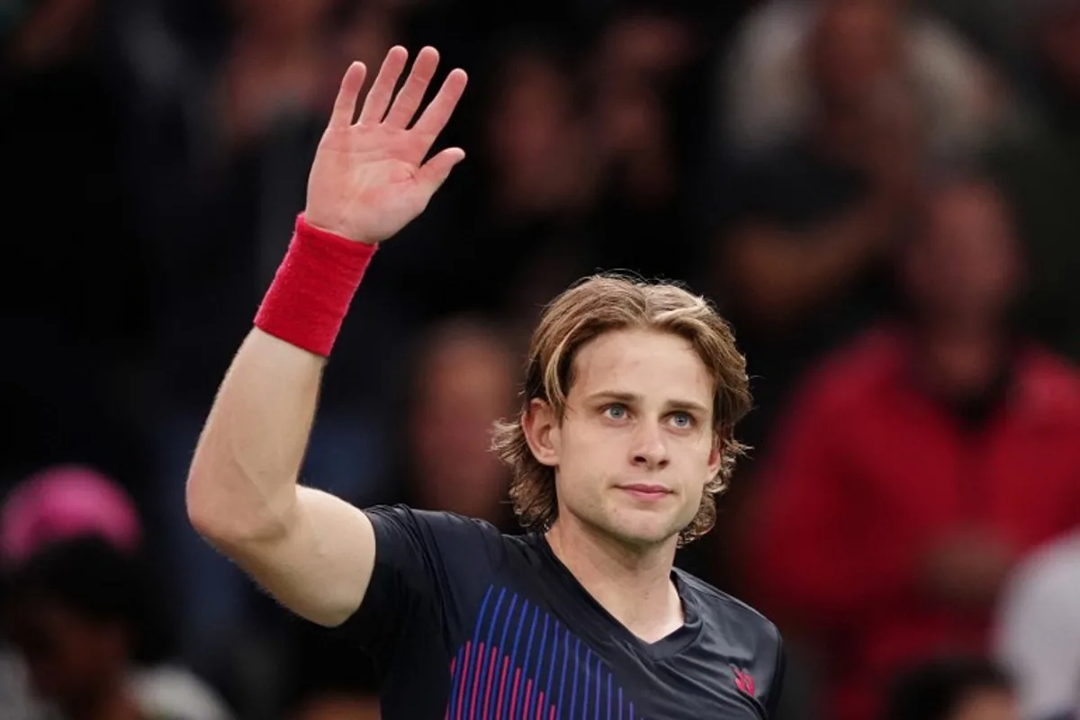 Belgium's Zizou Bergs celebrates after winning against France's Richard Gasquet at the end of their men's singles match on day two of the Paris ATP Masters 1000 tennis tournament at the Accor Arena - Palais Omnisports de Paris-Bercy - in Paris on October 29, 2024.  Dimitar DILKOFF / AFP