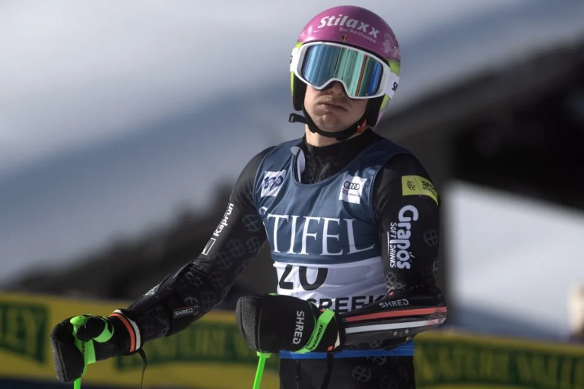 Sam Maes of Belgium reacts after finishing the final run of the Audi FIS Alpine Ski World Cup Men's Giant Slalom race in Beaver Creek, Colorado, on December 8, 2024.  Jason CONNOLLY / AFP