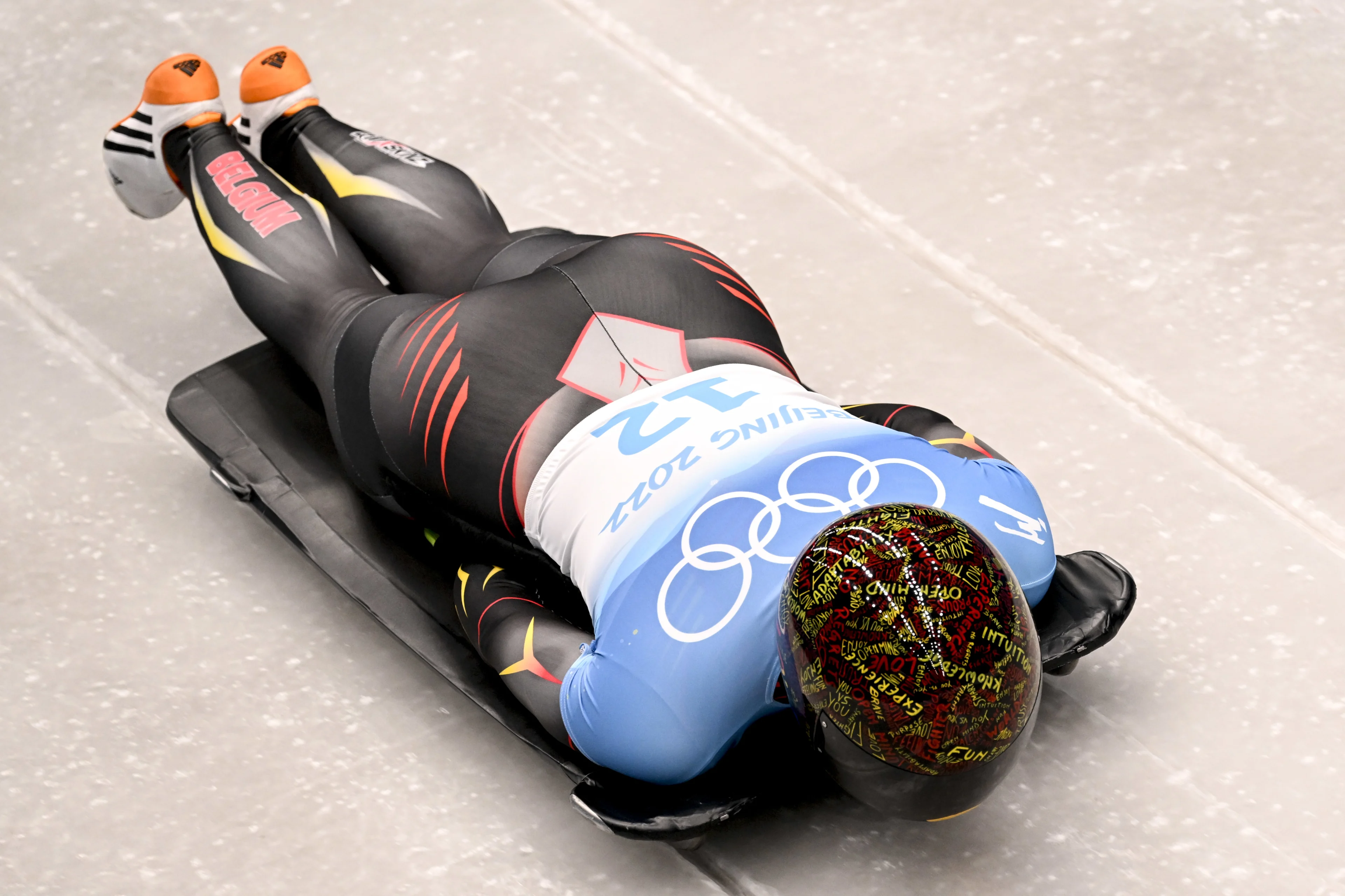 Belgian skeleton athlete Kim Meylemans pictured in action during the third run of the women's Skeleton event at the Beijing 2022 Winter Olympics in Beijing, China, Saturday 12 February 2022. The winter Olympics are taking place from 4 February to 20 February 2022. BELGA PHOTO LAURIE DIEFFEMBACQ