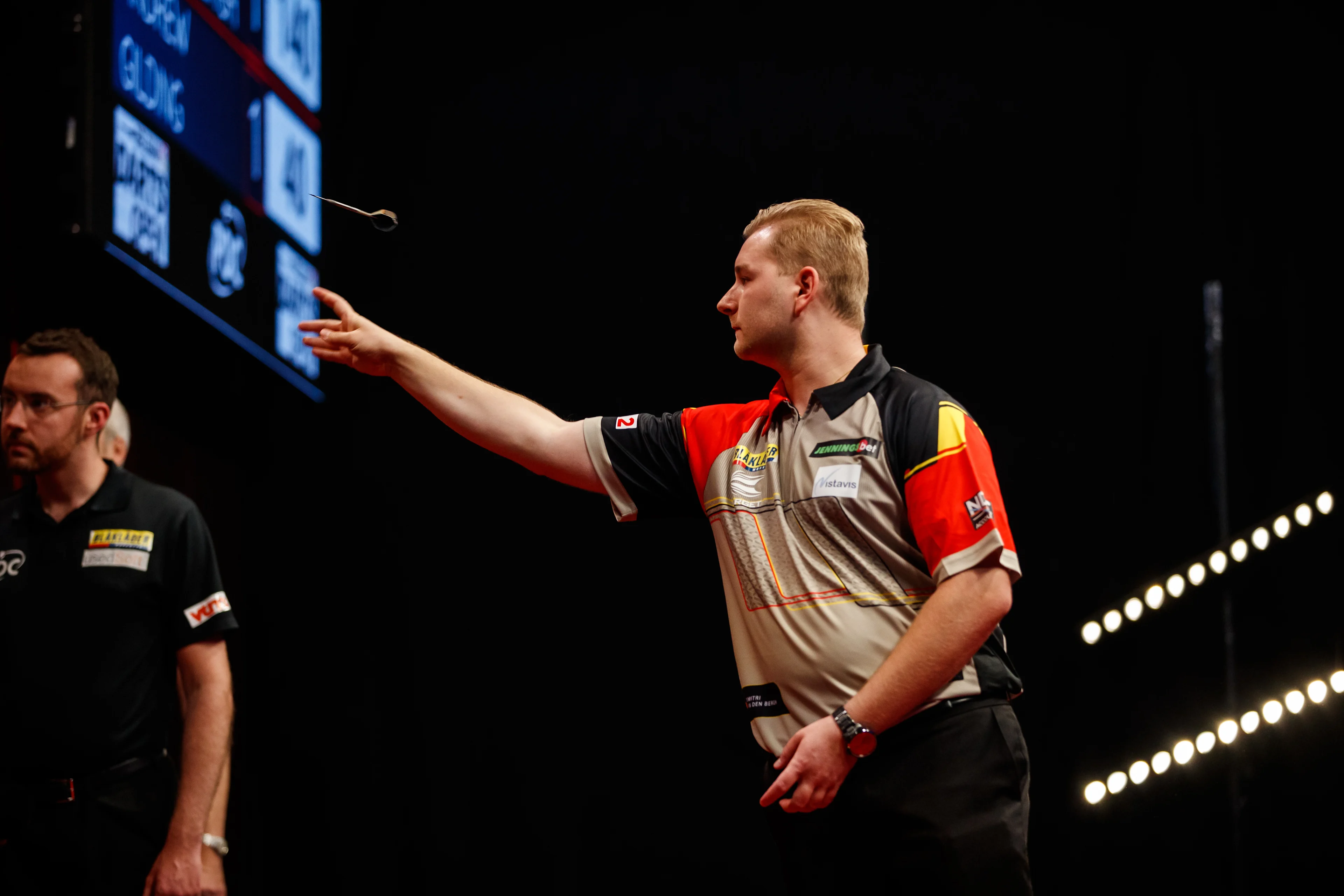 Belgian Dimitri Van den Bergh pictured in action during the second day of the Belgian Darts Open, a tournament in the European Tour that takes places from September 23 until September 25 in Wieze, Saturday 24 September 2022. BELGA PHOTO JEF MATTHEE