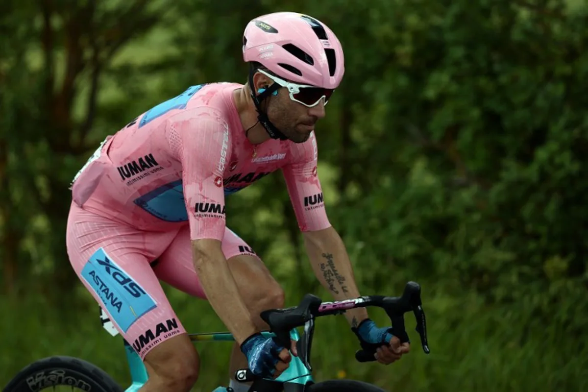 XDS Astana Team's Italian rider Diego Ulissi rides in the pack during the 9th stage of the 108th Giro d'Italia cycling race of 181kms from Gubbio to Siena on May 18, 2025. Luca Bettini / AFP