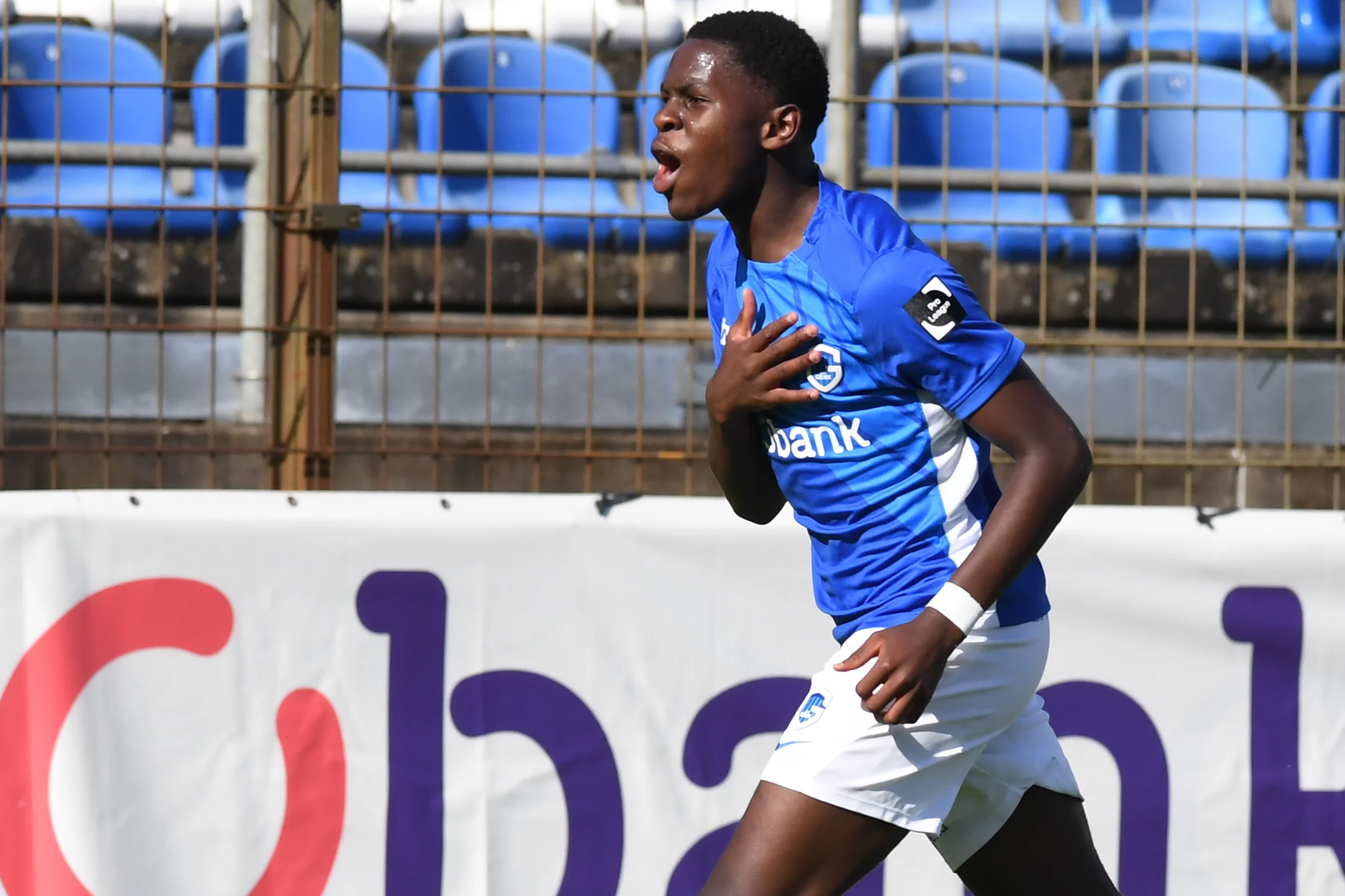 Genk's Saidou Toure celebrates after scoring during a soccer match between Jong Genk and RSCA Futures, Sunday 06 October 2024 in Geel, on day 7 of the 2024-2025 'Challenger Pro League' 1B second division of the Belgian championship. BELGA PHOTO JILL DELSAUX