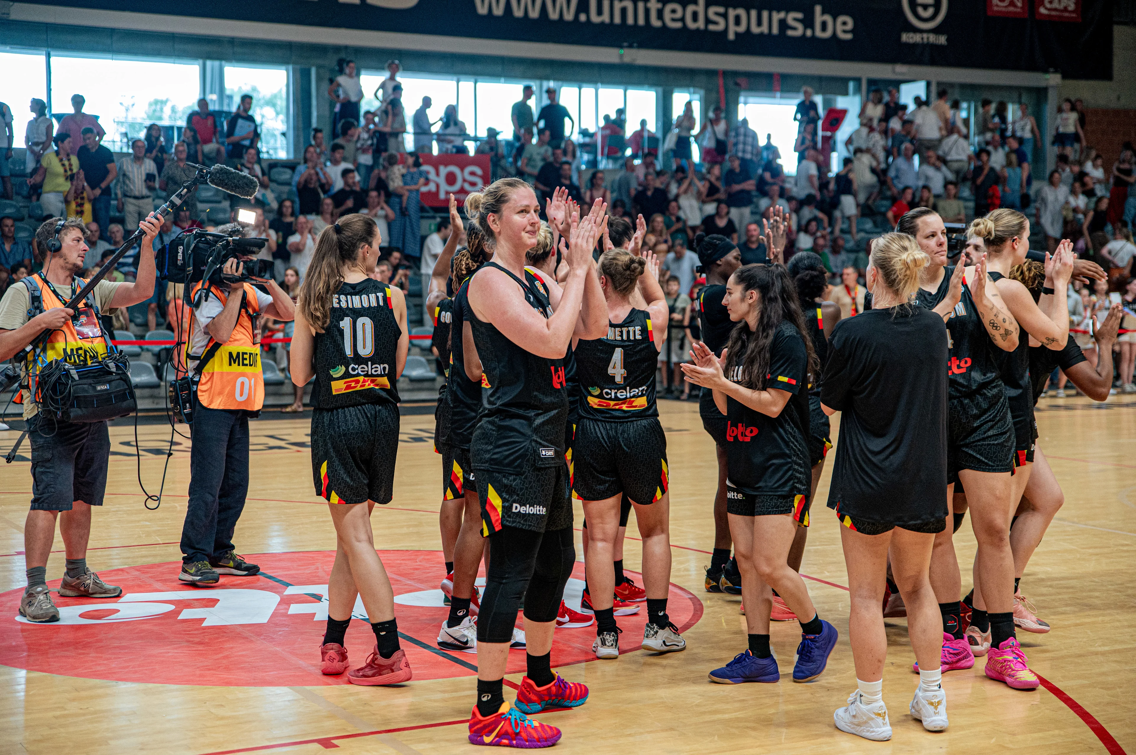 Belgium's Emma Meesseman and Belgian Cats' players pictured during a friendly basketball match between Belgian national women's team the Belgian Cats and Italy, in Kortrijk on Saturday 15 August 2026. The Cats are preparing the world cup in Germany in September. BELGA PHOTO EMILE WINDAL