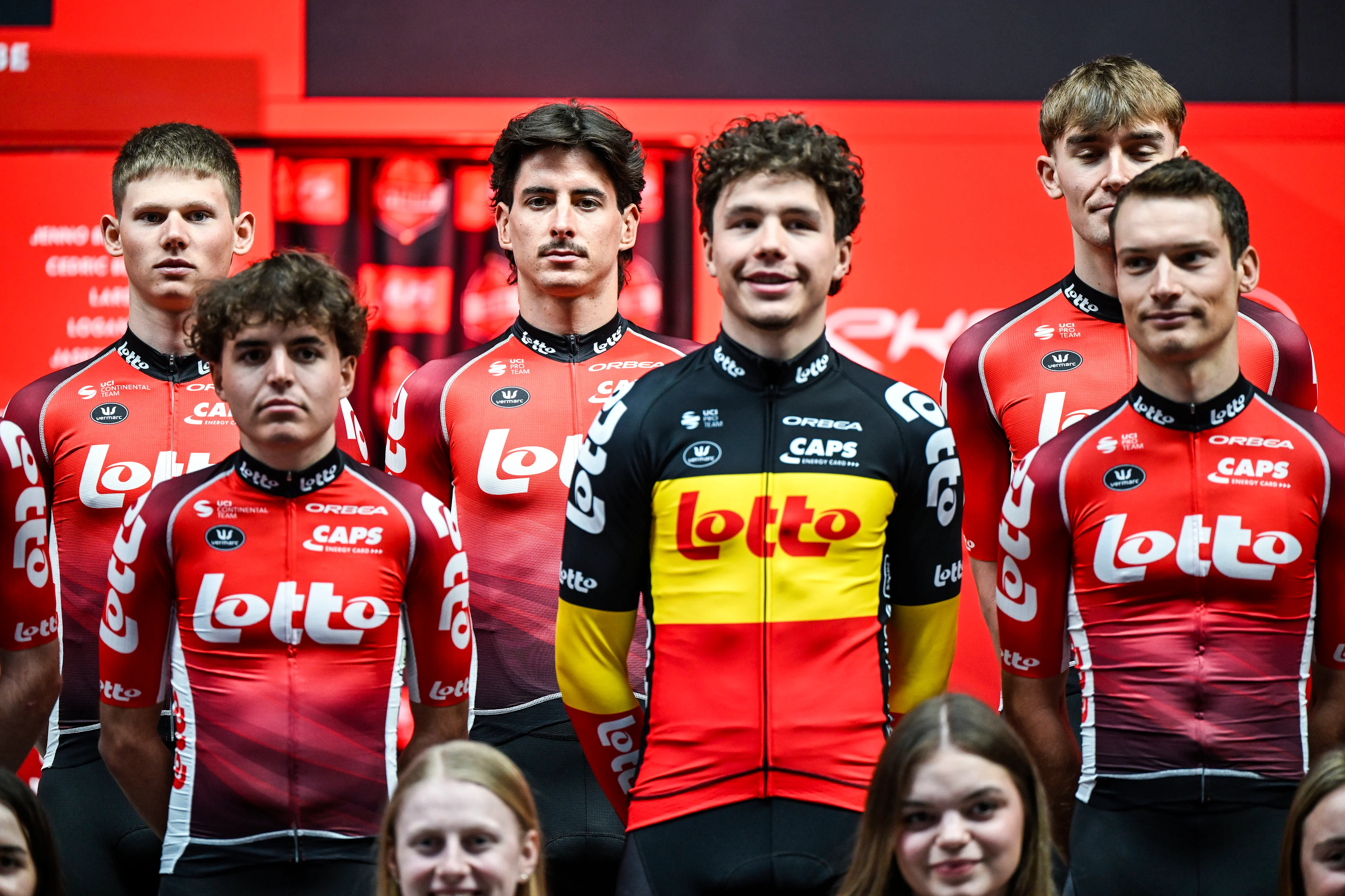 Belgian Cedric Beullens of Lotto Dstny and other riders pose for the photographers at the Lotto Cycling Team media day, in Temse, Friday 03 January 2025. BELGA PHOTO TOM GOYVAERTS